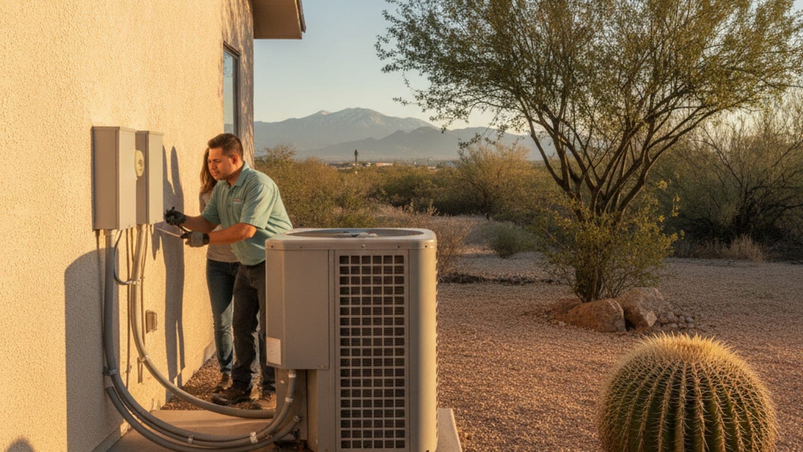 Outdoor electrical disconnect box beside a ground-level AC condenser on a Tucson stucco home with gravel and a barrel cactus