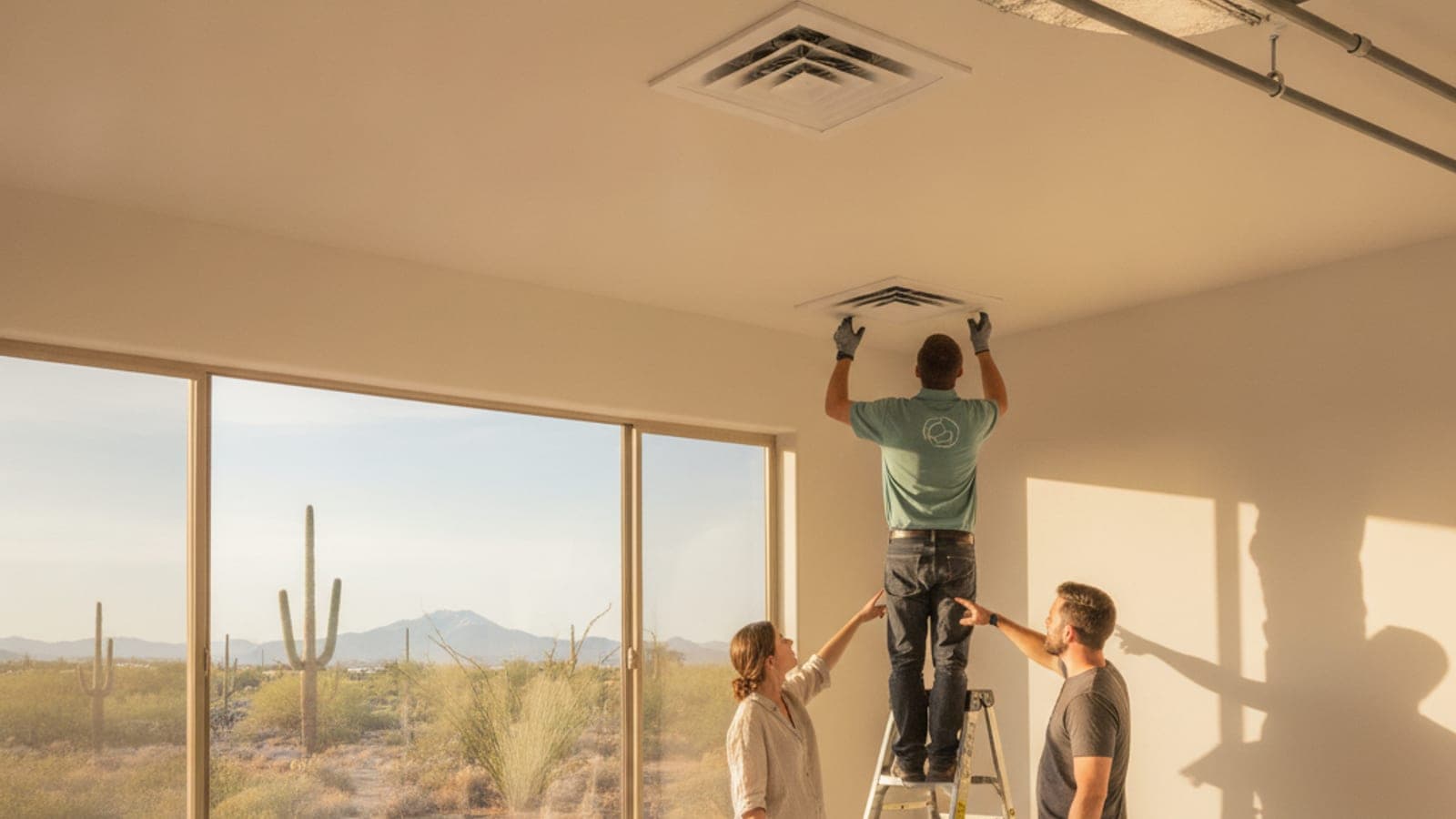 Ceiling supply vent in a sunlit Tucson bedroom with a west-facing window and desert view
