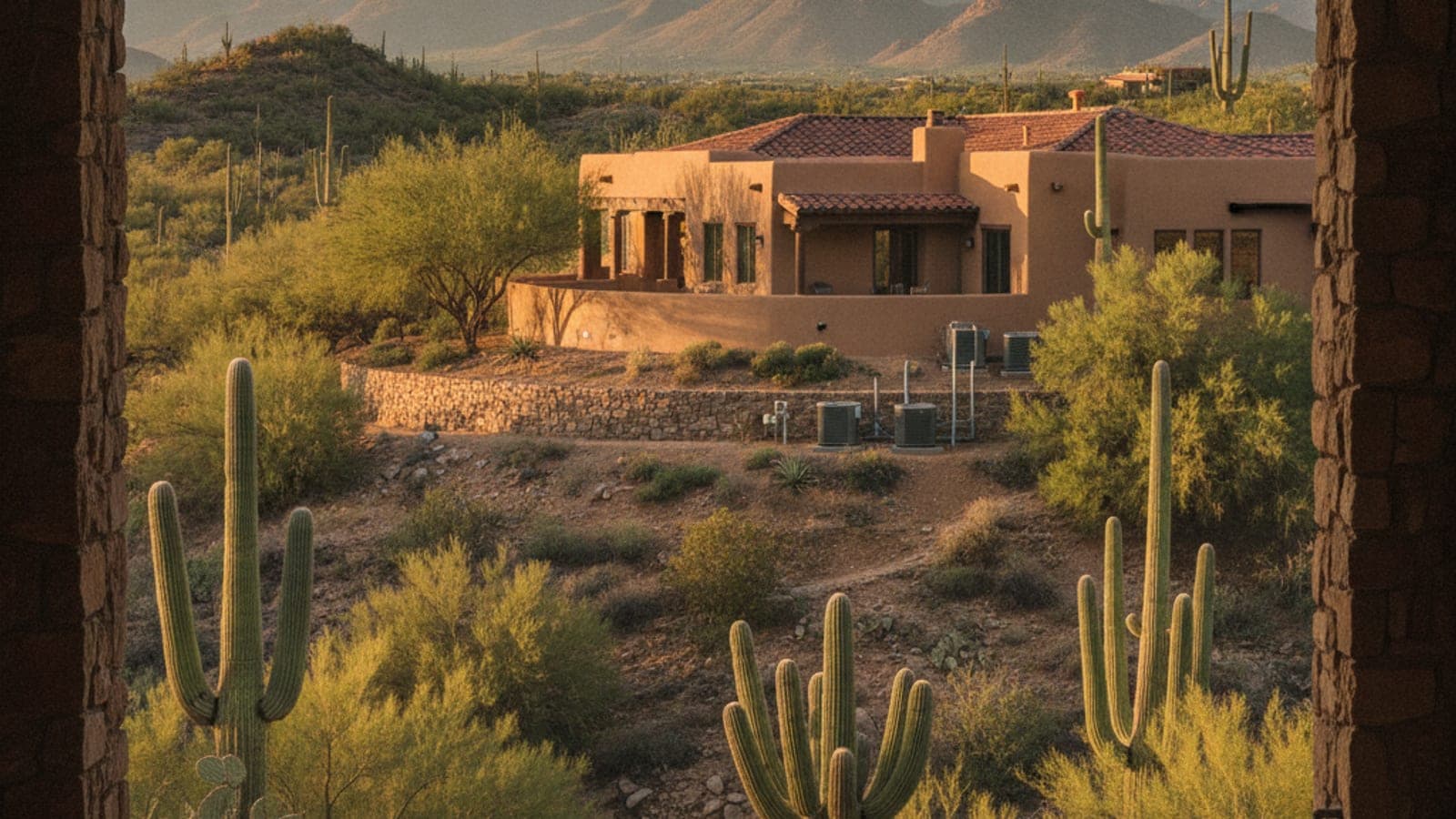 A large desert-style home in the Catalina Foothills with a tile roof, saguaros and the Santa Catalina mountains behind
