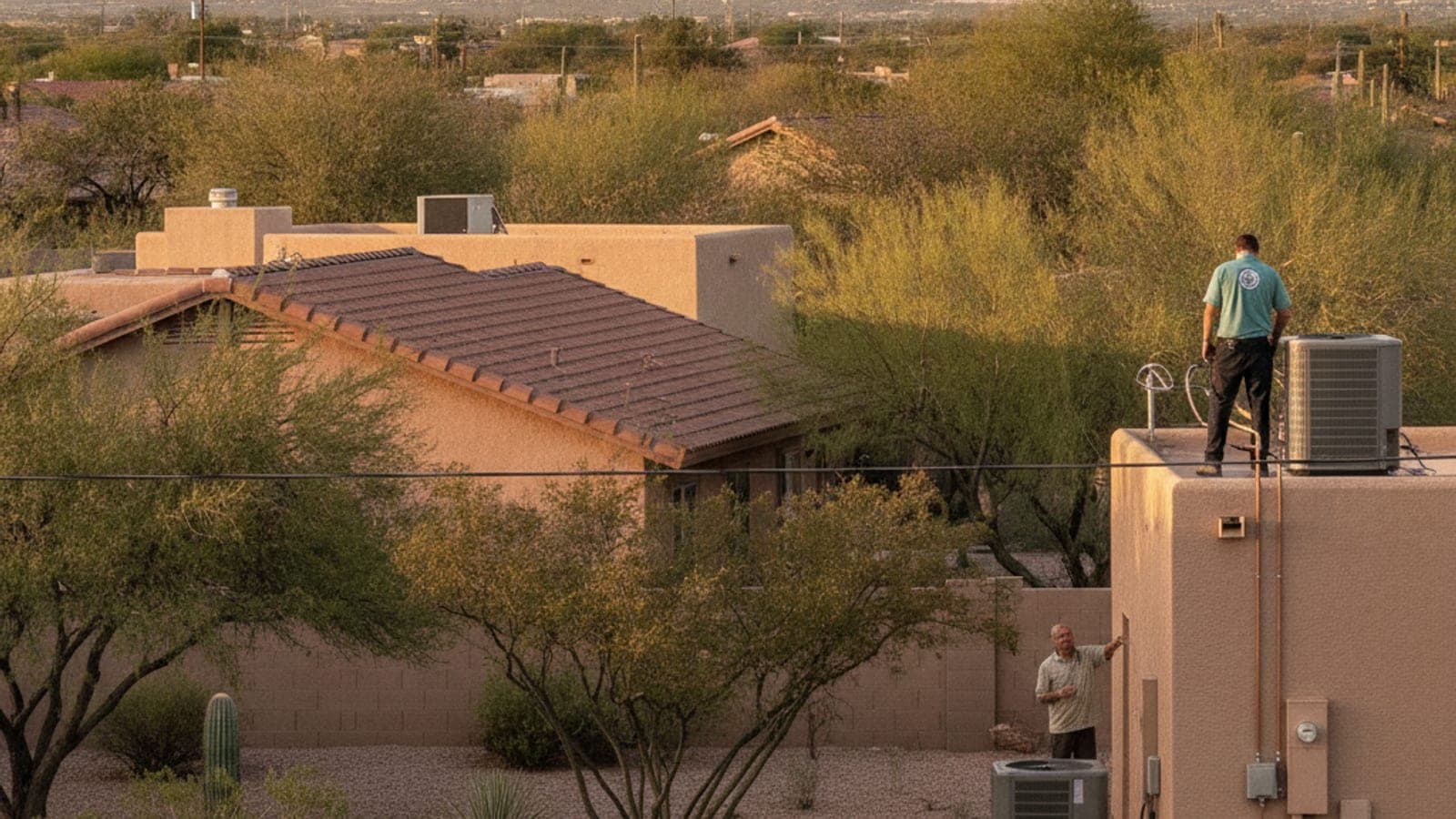 Southeast Tucson neighborhood of single-story stucco homes with tile roofs and mesquite trees under bright desert sky near the Rincon Mountains