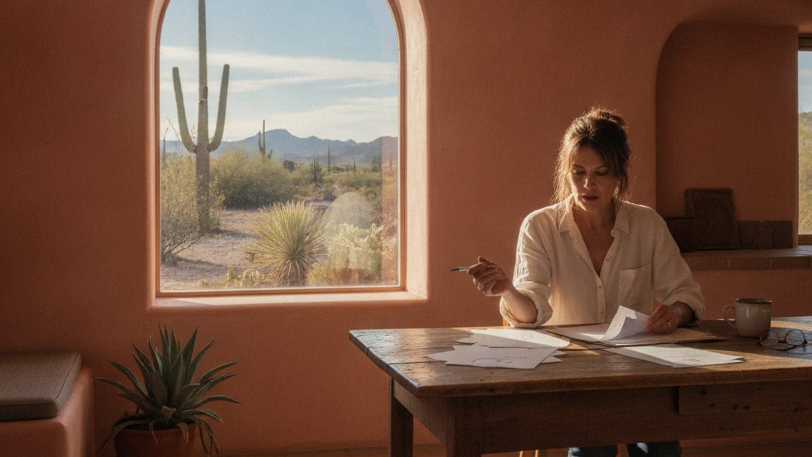 Homeowner reading paperwork at a kitchen table in a Tucson adobe-style home with desert light