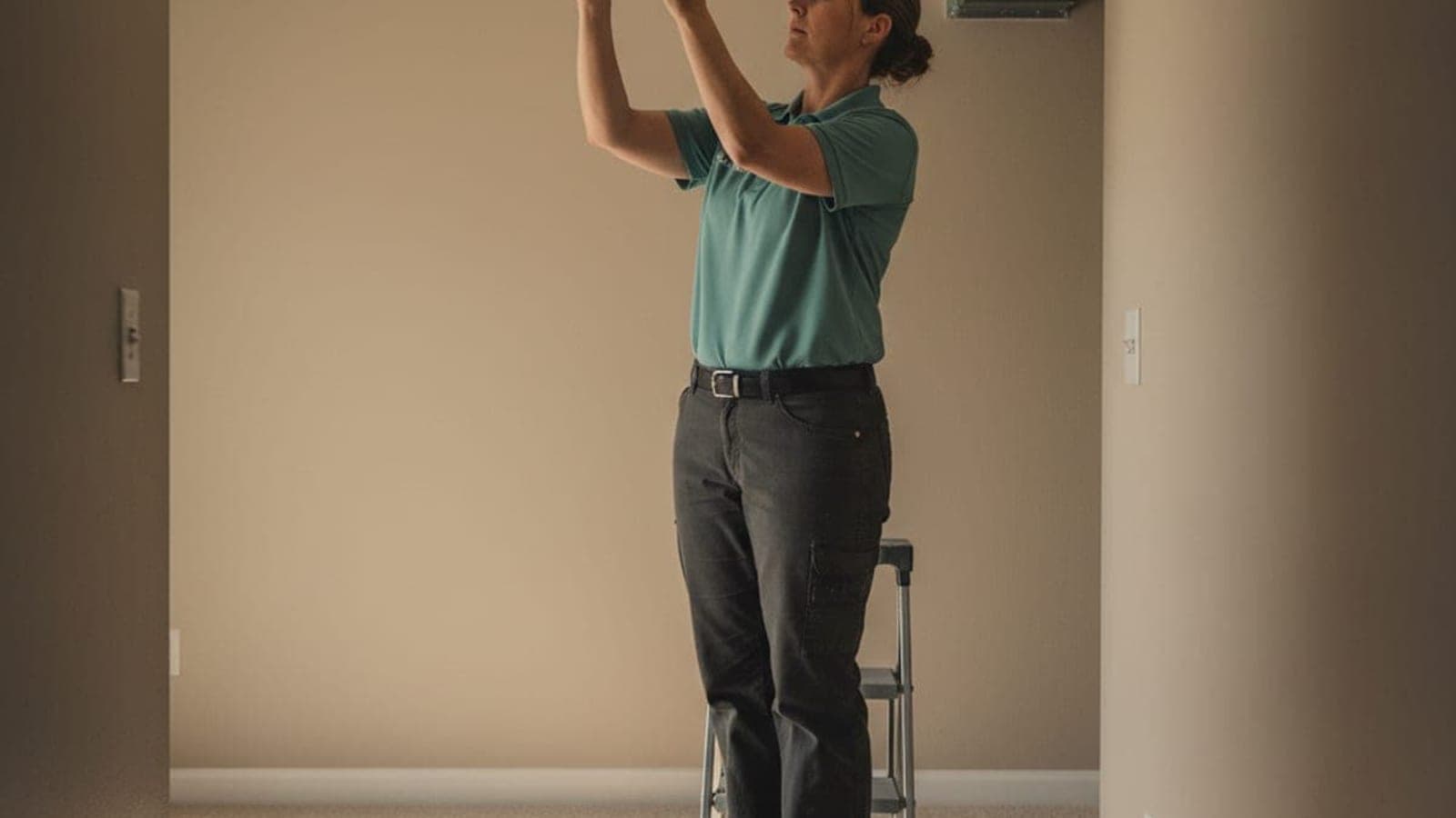 A technician on a stepladder reaching up to a ceiling return air grille in a bright hallway