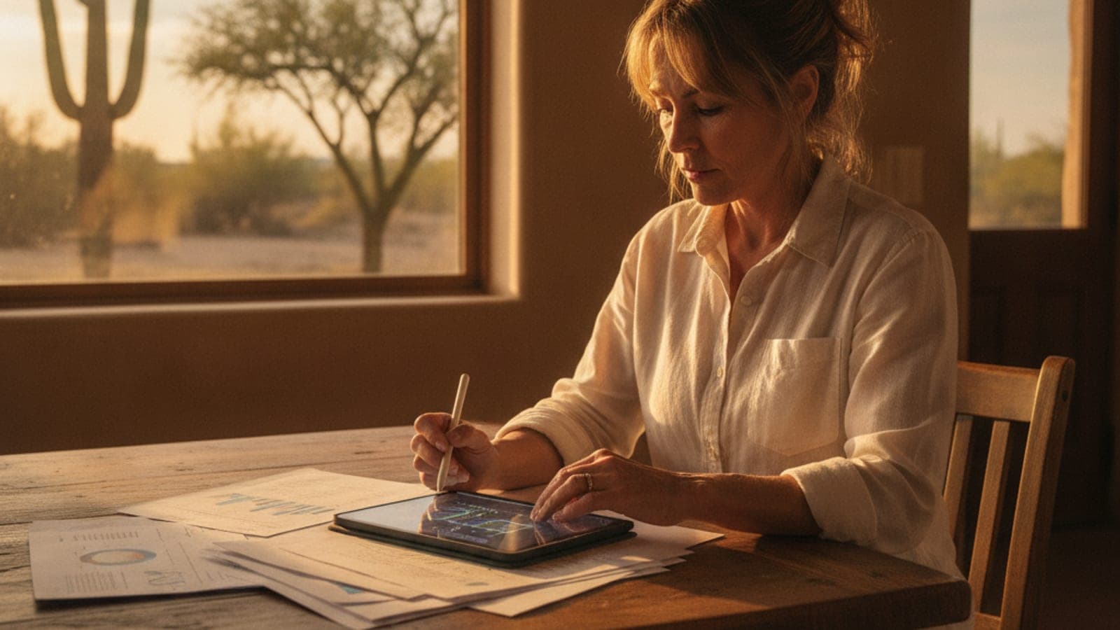 Tucson homeowner reviewing HVAC financing paperwork at a kitchen table with a tablet near a sunlit stucco wall