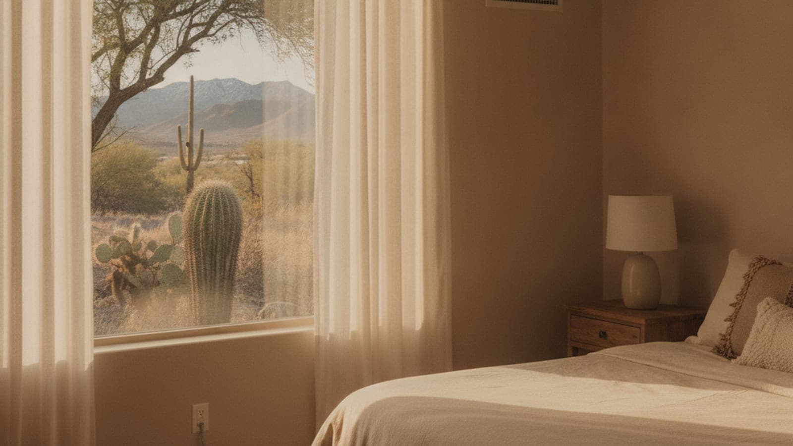 Bedroom of a Tucson home with a clean air return grille and sunlight through sheer curtains, saguaro visible outside the window