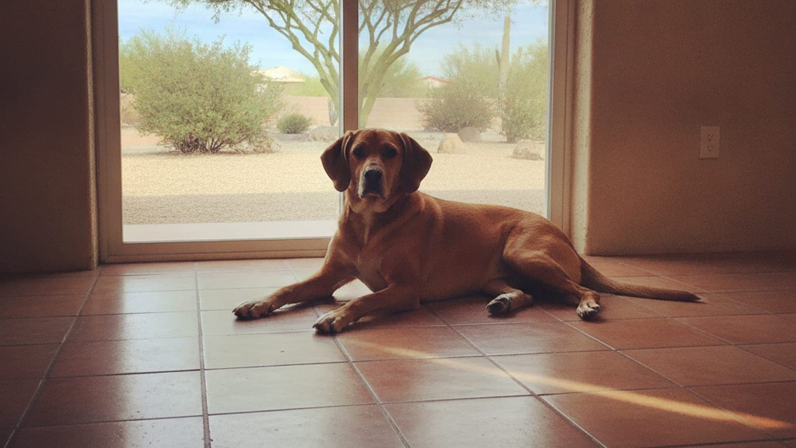 Dog resting on a cool tile floor in a Tucson home with bright desert light through a patio door