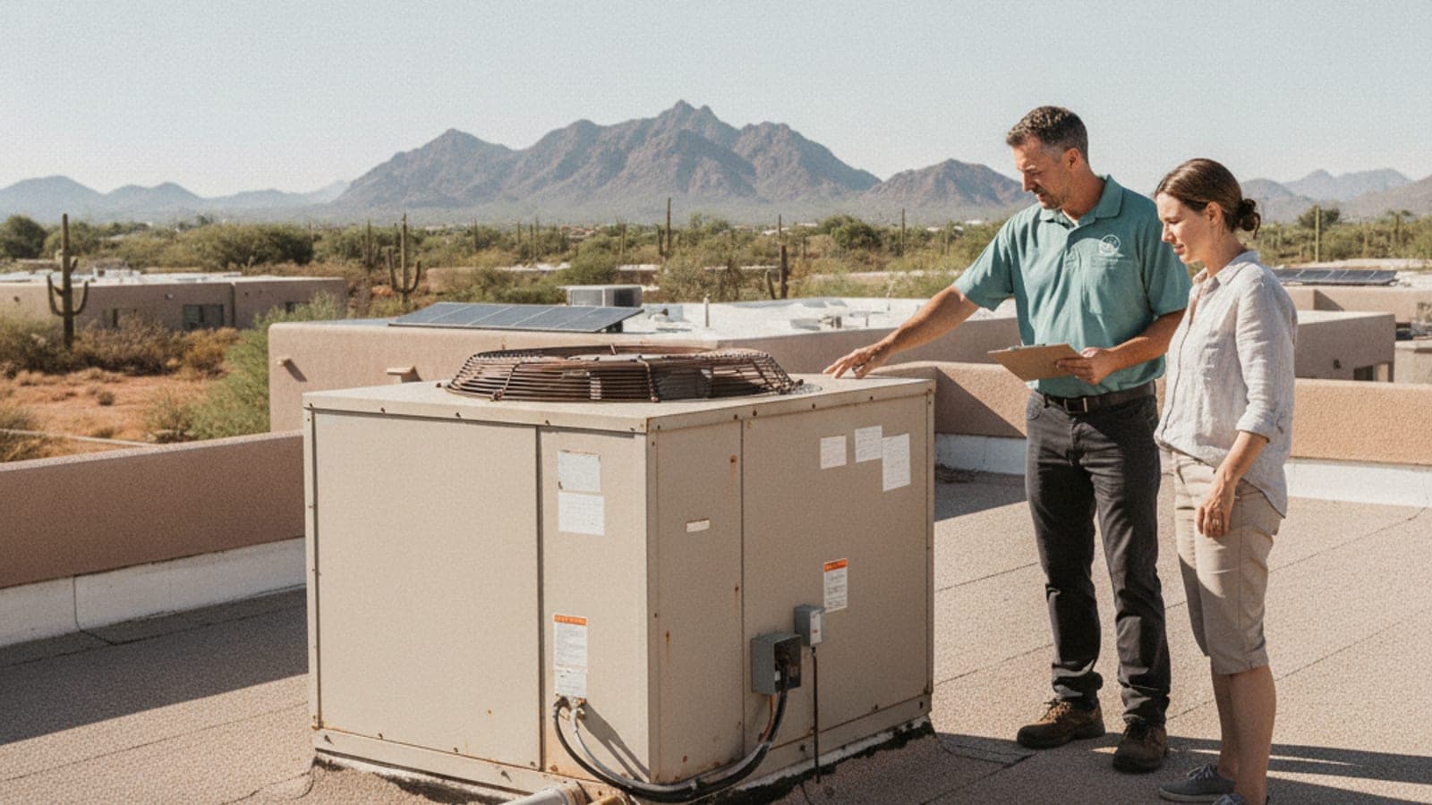 Home inspector and a buyer looking at a rooftop package AC unit on a flat roof of a Tucson home under clear sky