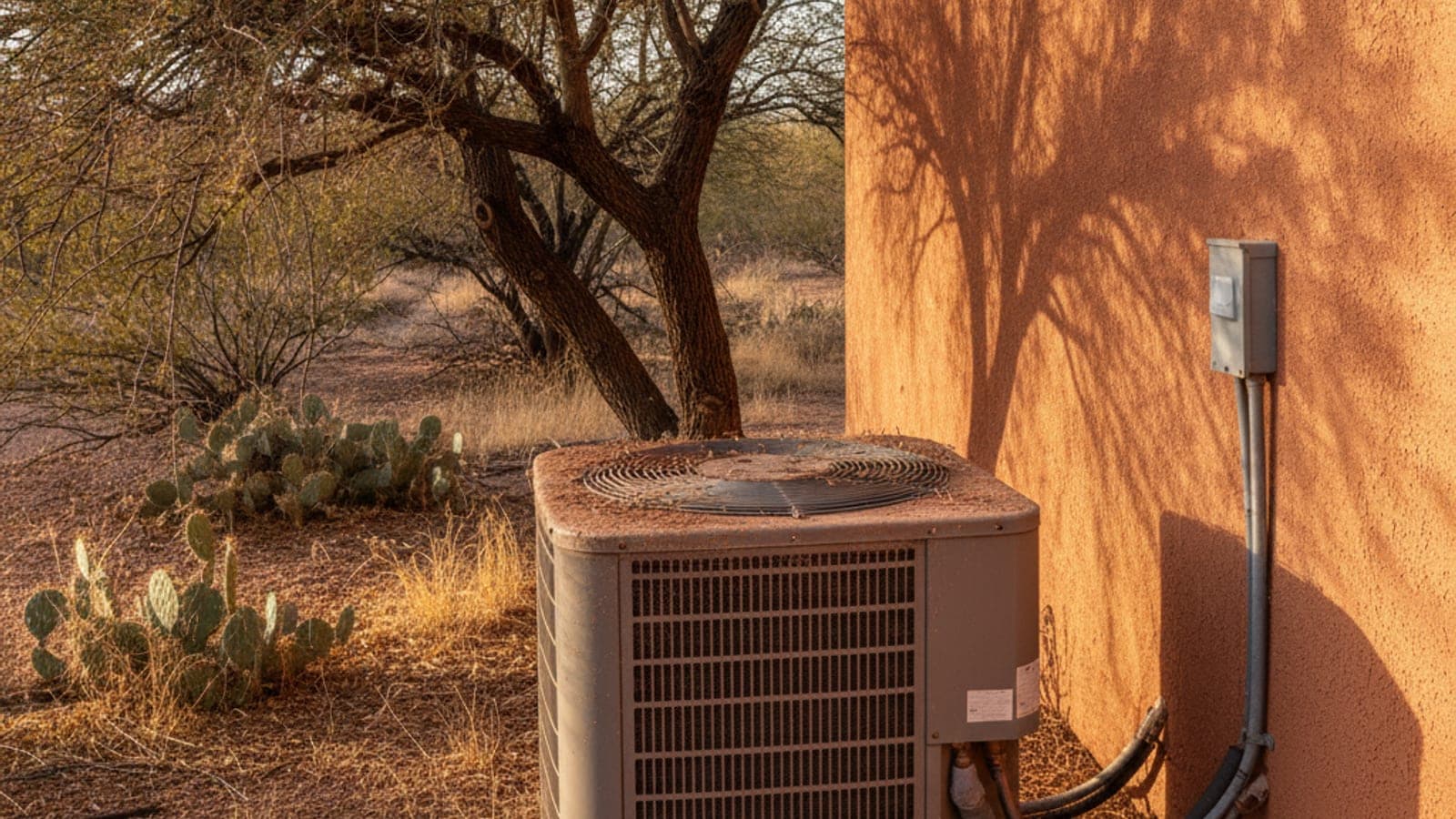 Outdoor AC condenser coil with dust and desert leaves beside a Tucson home with a mesquite tree