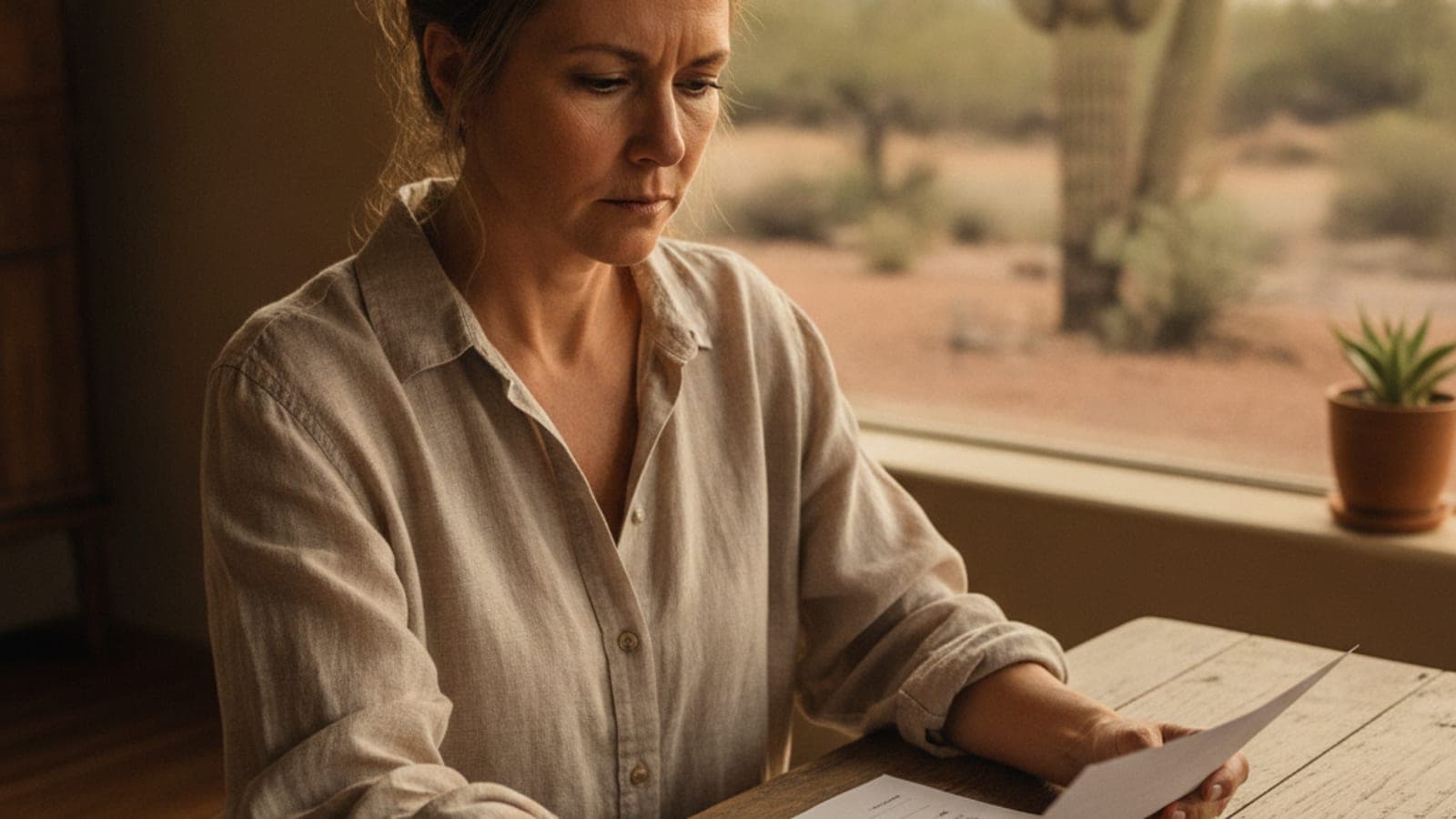 Homeowner reading a service agreement at a table near a sunny window with a saguaro and gravel yard outside in Tucson