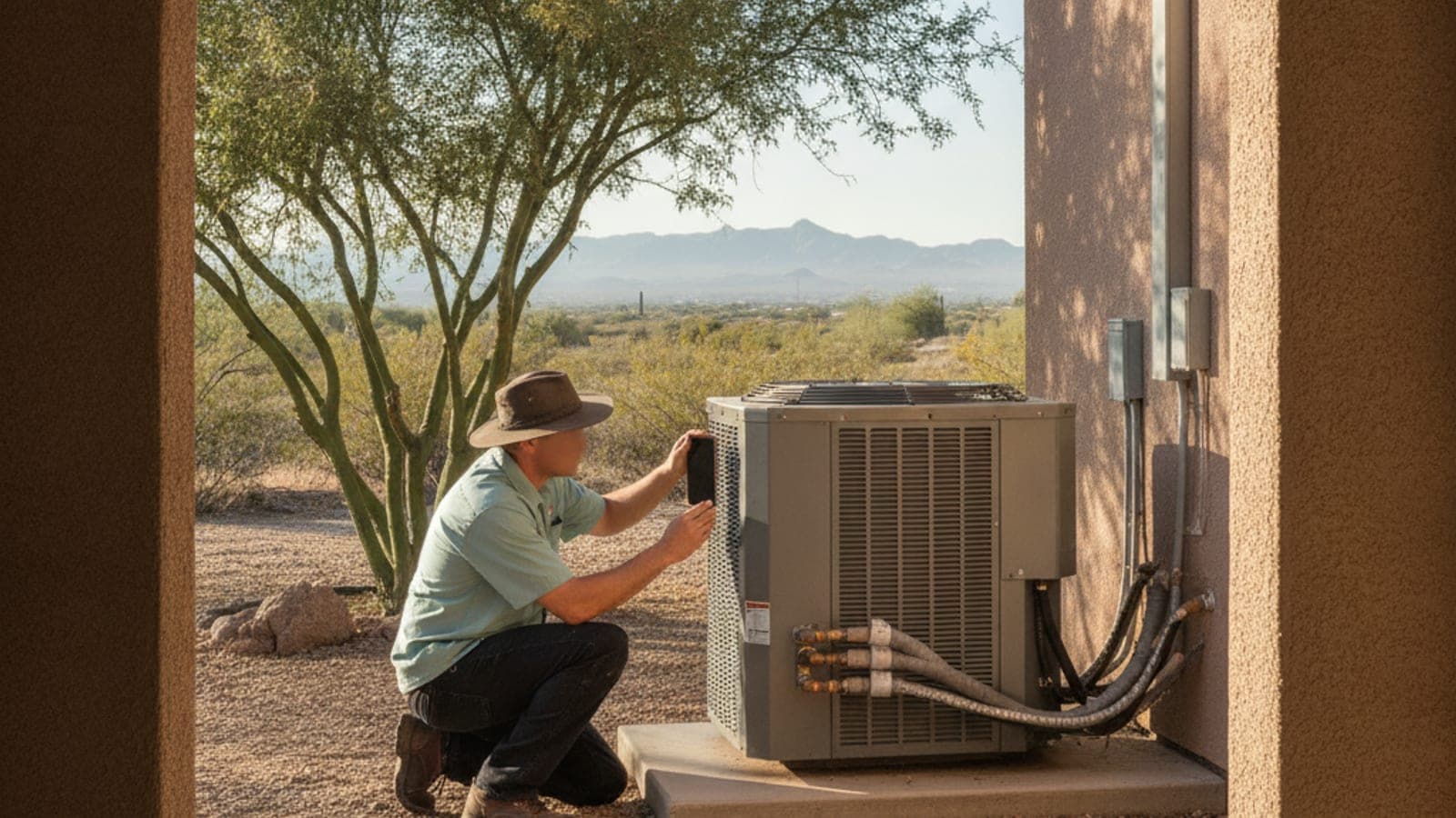 Homeowner photographing an HVAC data label on an outdoor unit in a Tucson yard with gravel and a palo verde tree