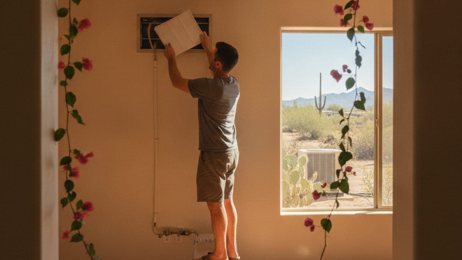 Homeowner changing an air filter at a return grille in a Tucson home with sunlight on tile floors