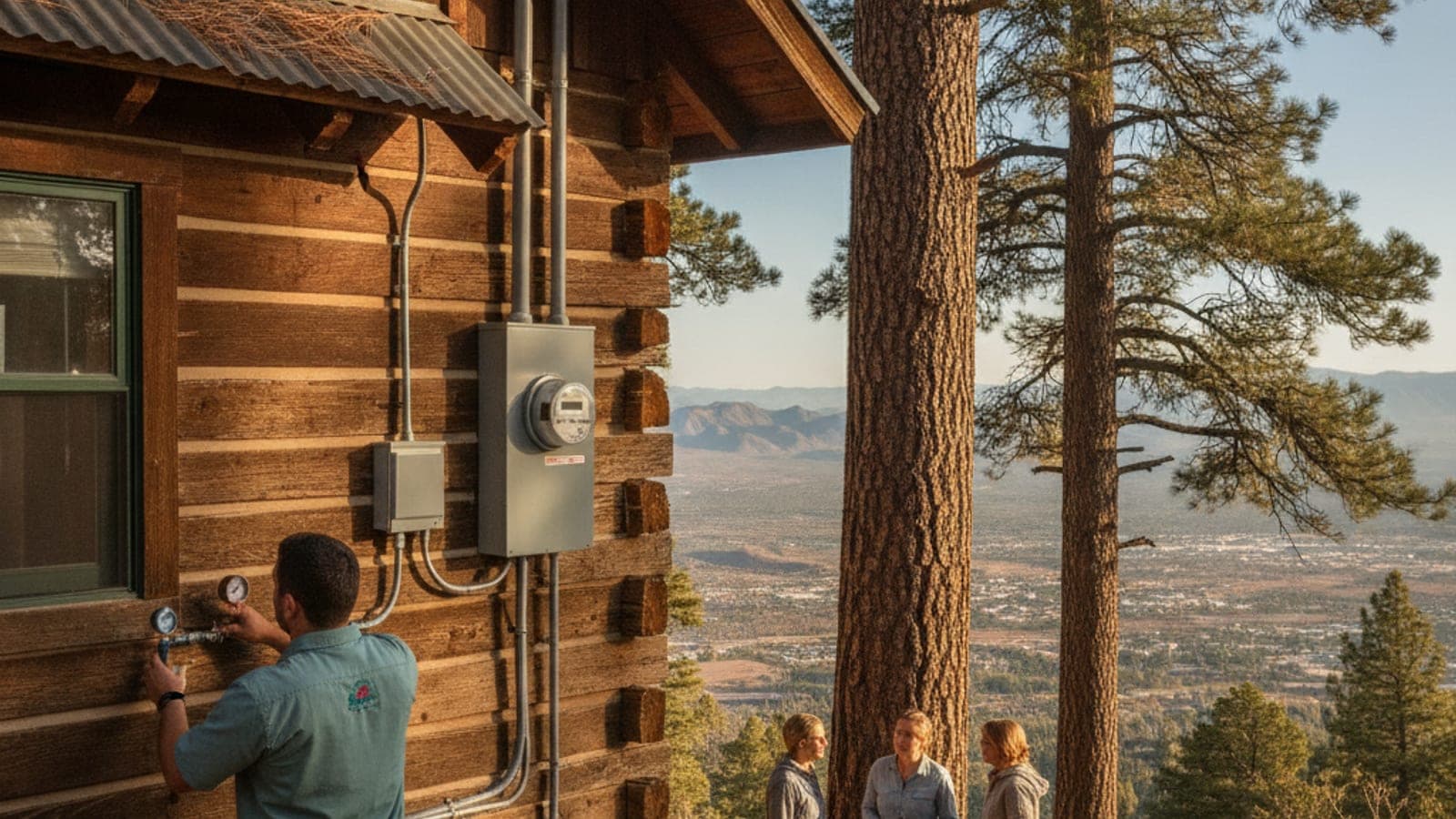 Mountain cabin among ponderosa pines on Mount Lemmon above Tucson in clear light with desert valley far below