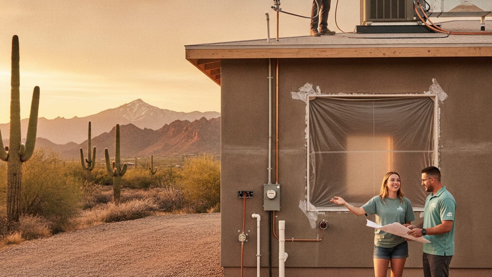 Tucson new-build home under construction with a framed stucco exterior and desert mountains in the background
