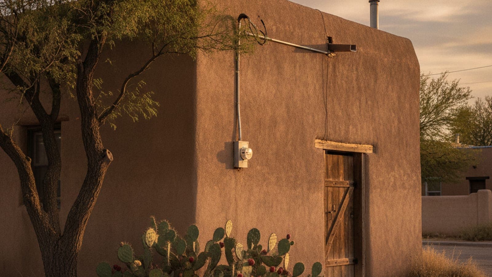 An older adobe home with a flat roof and thick walls on a narrow Tucson street with a mesquite tree and desert light
