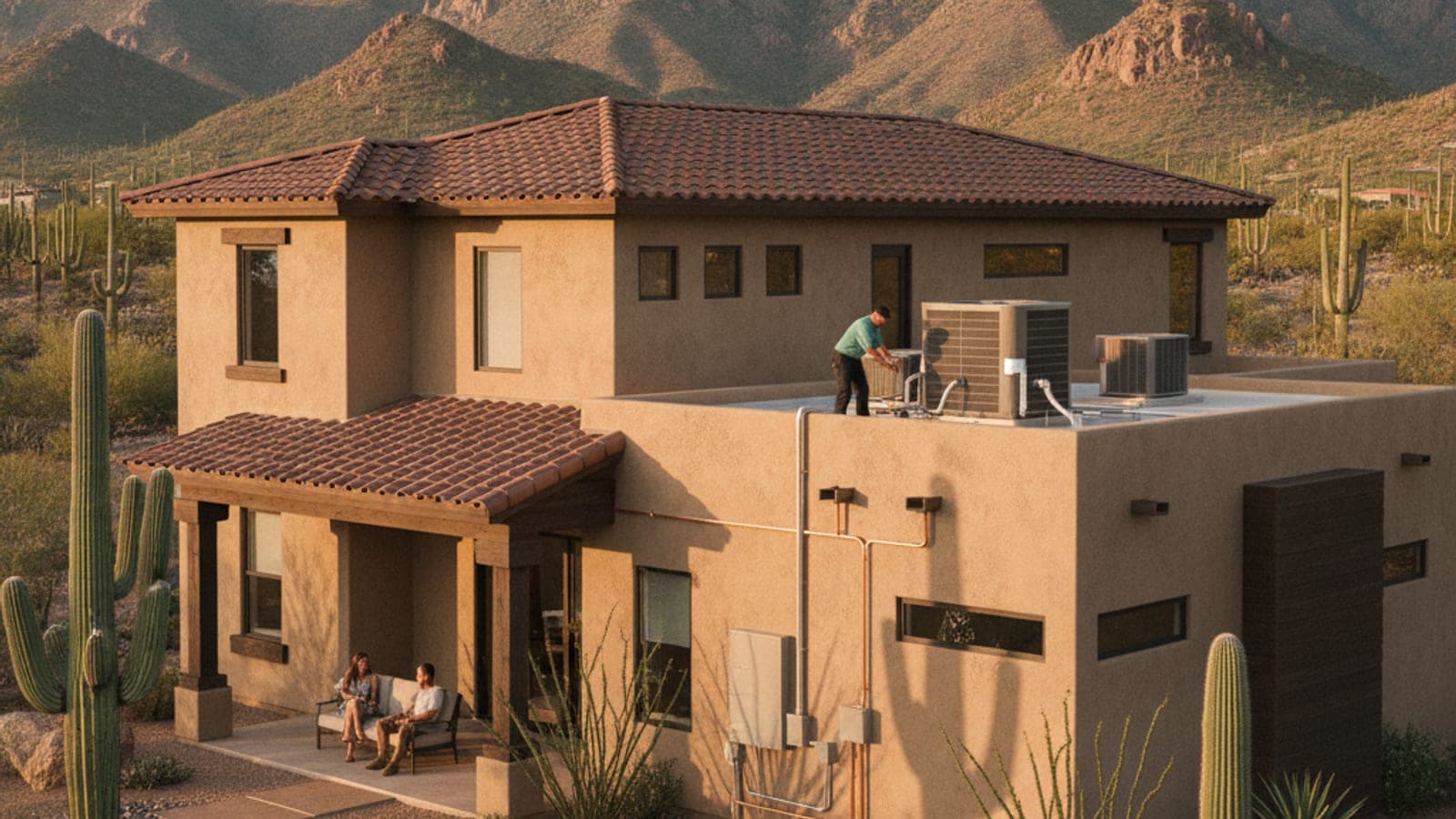 Newer stucco two-story home in Oro Valley with a tile roof and Santa Catalina Mountains behind in warm desert evening light