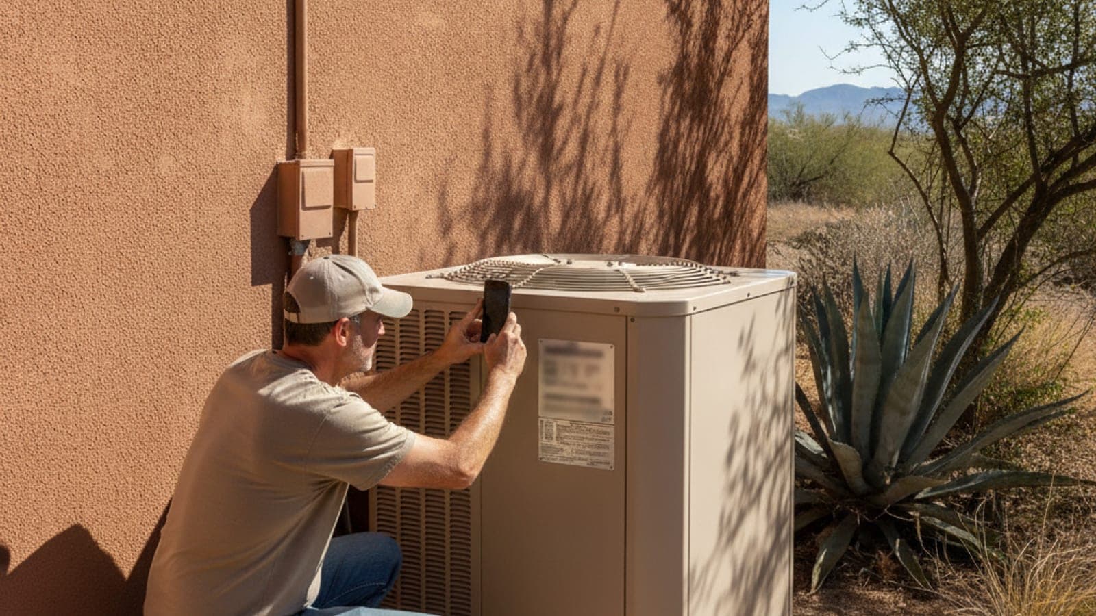 Homeowner photographing the nameplate on an outdoor AC unit beside a stucco wall in Tucson with desert plants nearby