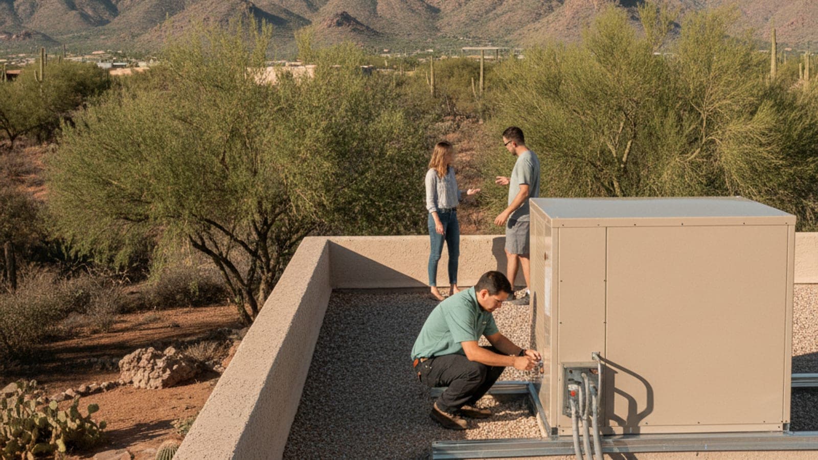 View of a new rooftop package unit being set on a flat roof of a stucco home in desert light