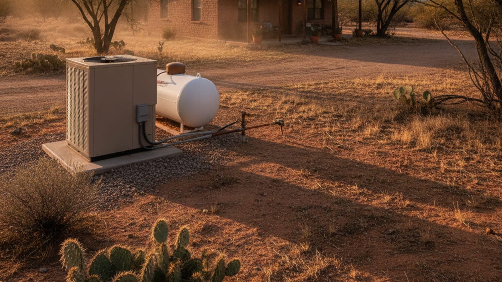 Rural desert home on a large lot with a ground-mounted AC unit, a propane tank and mesquite trees outside Tucson