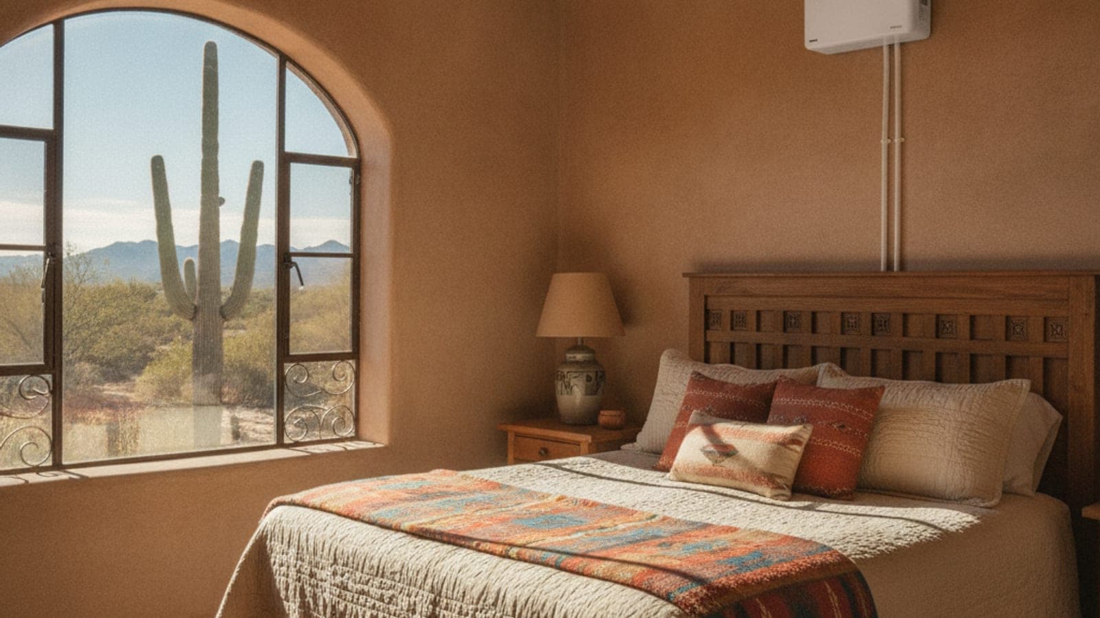 Casita guest house with a mini-split indoor unit above a bed in a Tucson short-term rental with desert light at the window