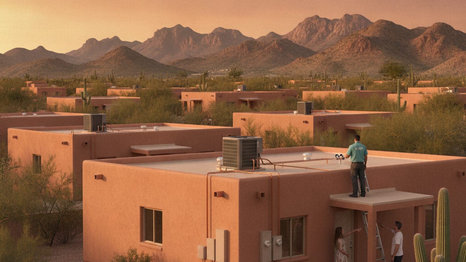 Dusty orange evening sky over a Tucson neighborhood of stucco homes with the Santa Catalina Mountains behind