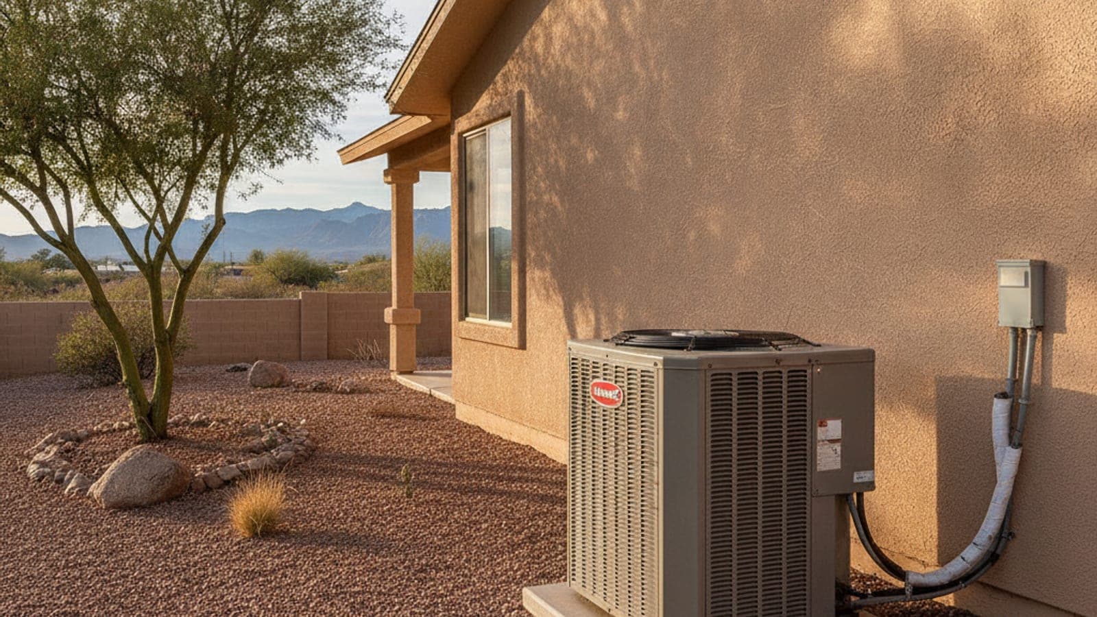Tan stucco Tucson home in hard afternoon sun with a ground-level AC condenser beside a gravel yard and a palo verde tree
