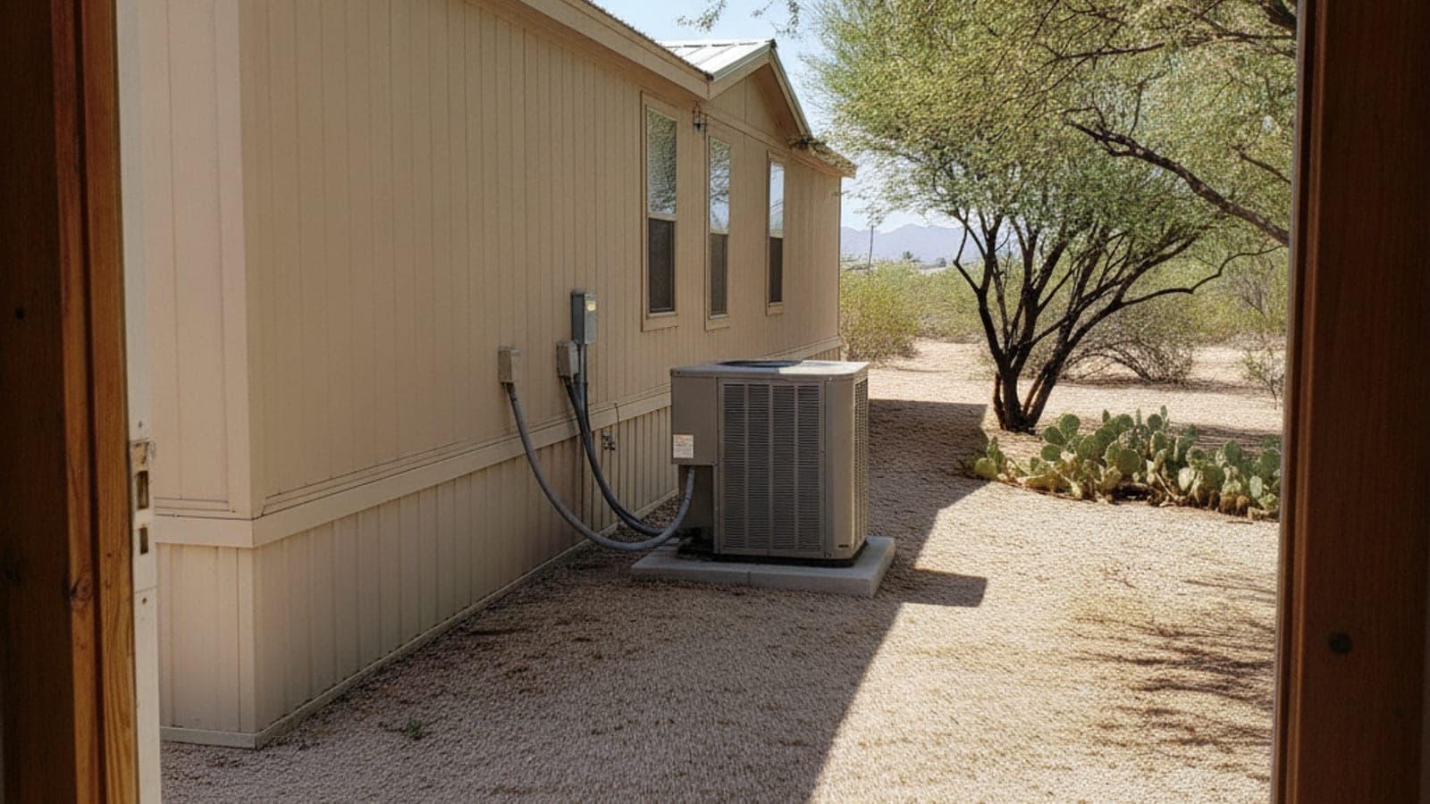 Manufactured home in a Tucson-area park with a ground-level package heat pump beside the skirting, gravel yard, mesquite and desert broom
