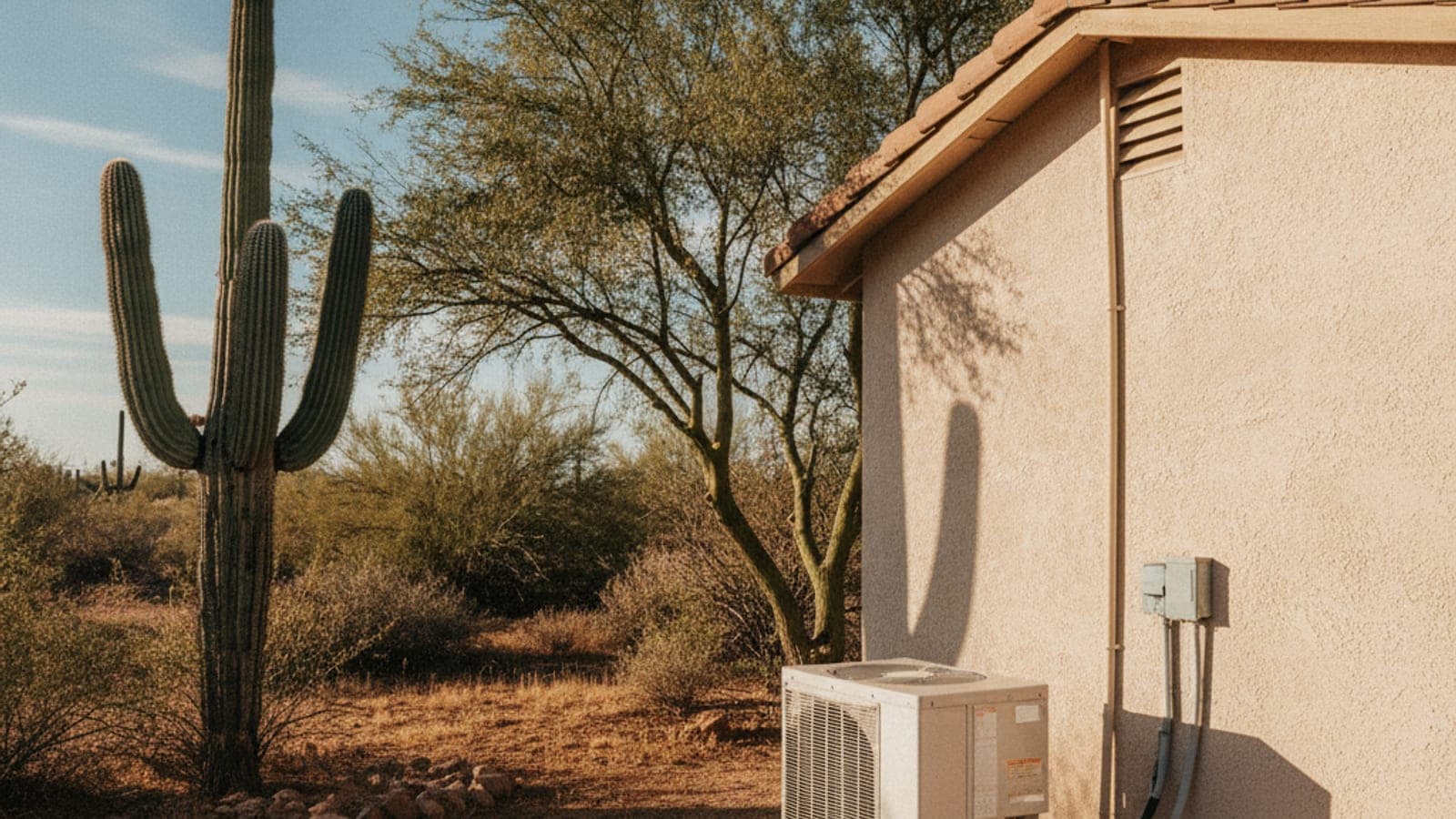 Small detached casita with a stucco exterior and a mini split outdoor unit on a gravel pad, with a palo verde tree nearby