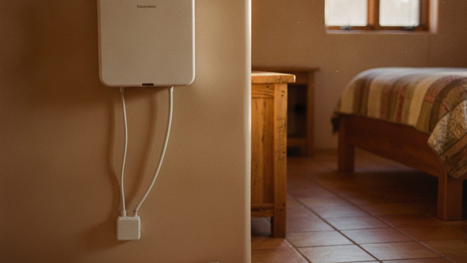 Wall-mounted mini split head in a Tucson bedroom with a small towel under it on a tile floor