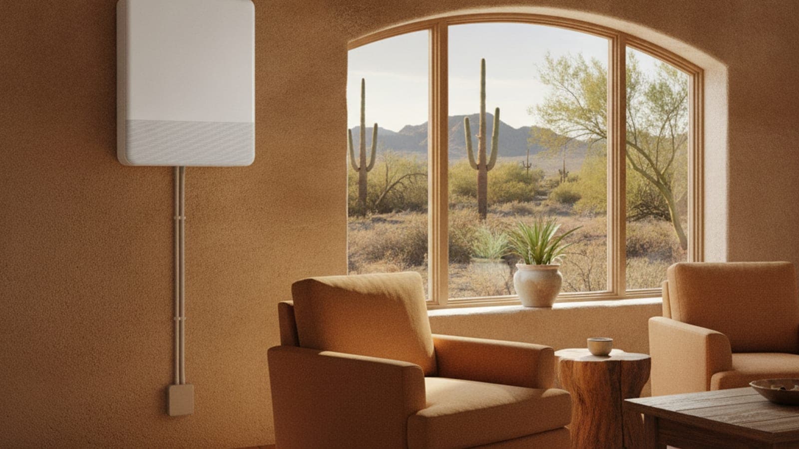 Wall-mounted ductless indoor unit in a bright Tucson living room with a stucco exterior wall and a saguaro visible through the window