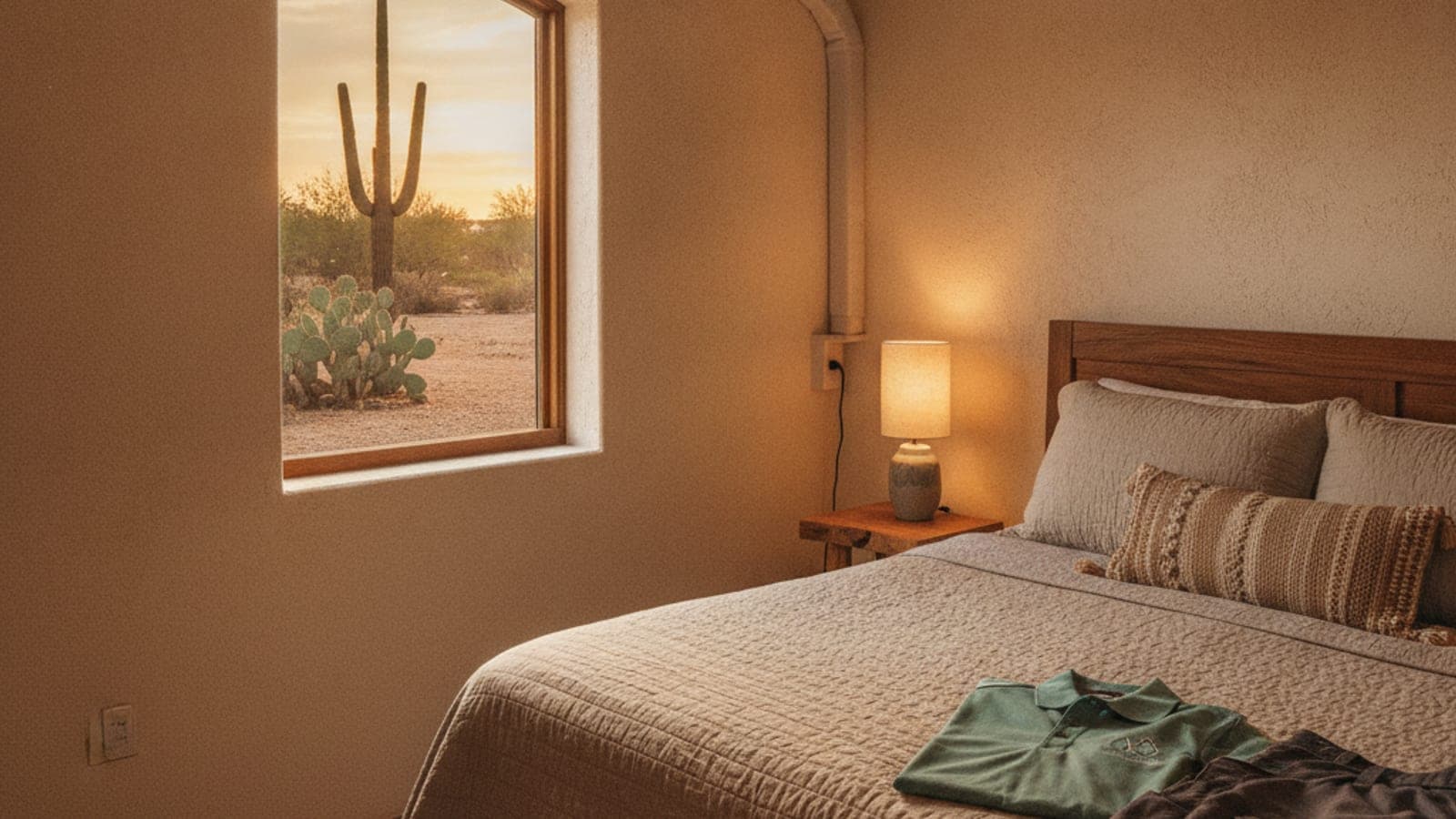 Tucson casita with a wall-mounted mini split indoor unit above a bed and desert light through the window