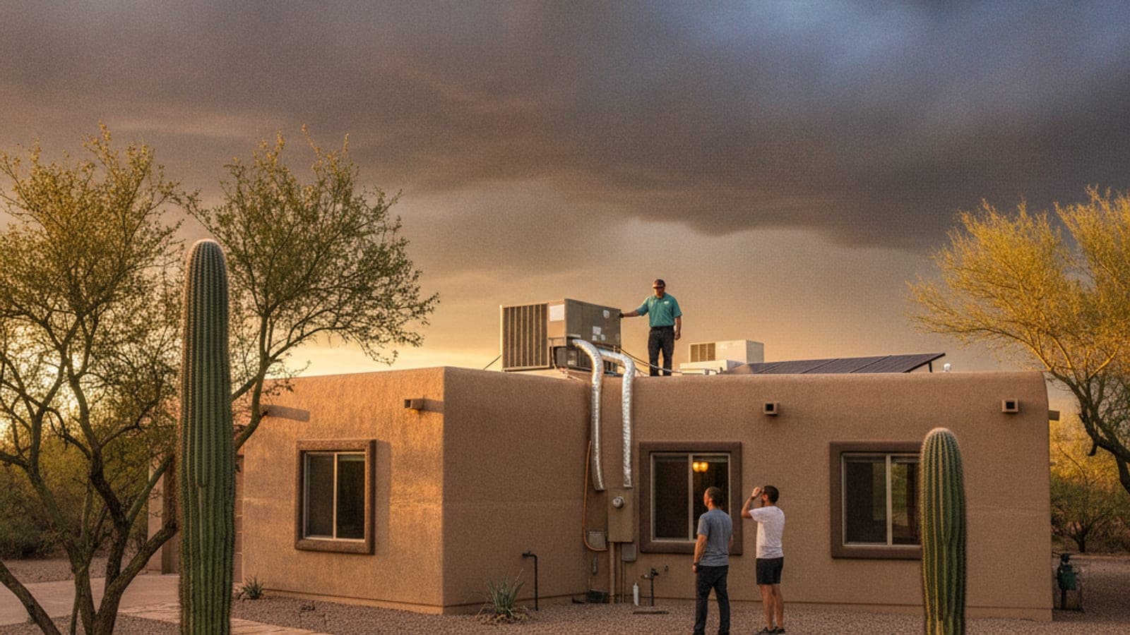 Stucco Tucson home under towering monsoon storm clouds with a roof package AC unit in warm evening light