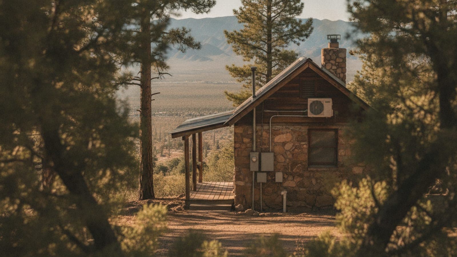 Small mountain cabin among ponderosa pines on Mount Lemmon in clear light, desert valley far below