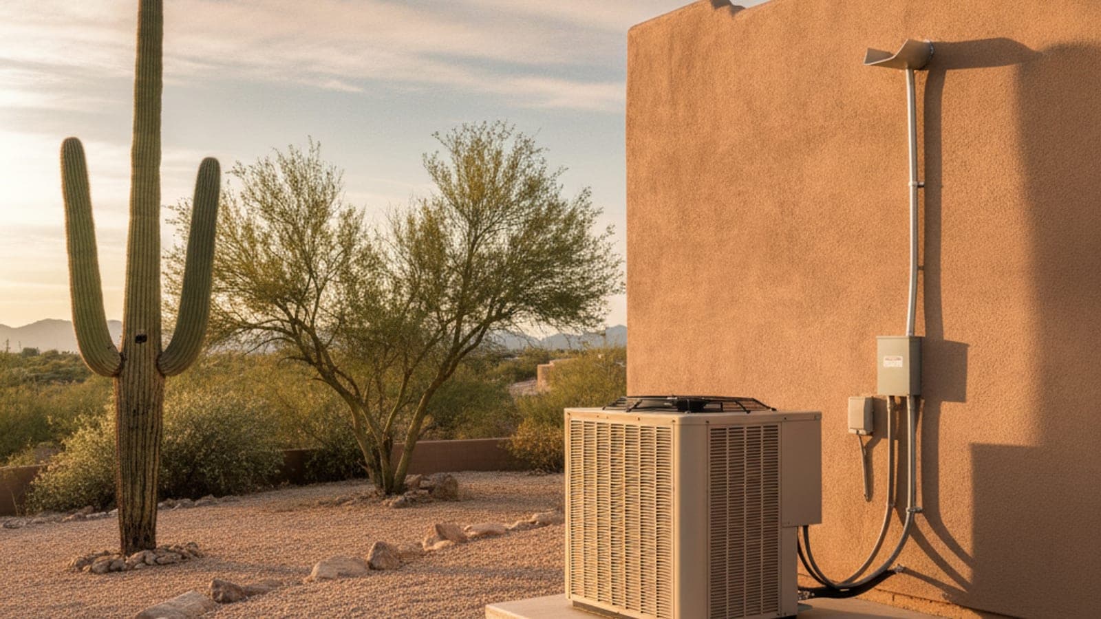 Ground-level AC condenser on a concrete pad beside a Tucson stucco home with a flat roof, gravel yard and a saguaro