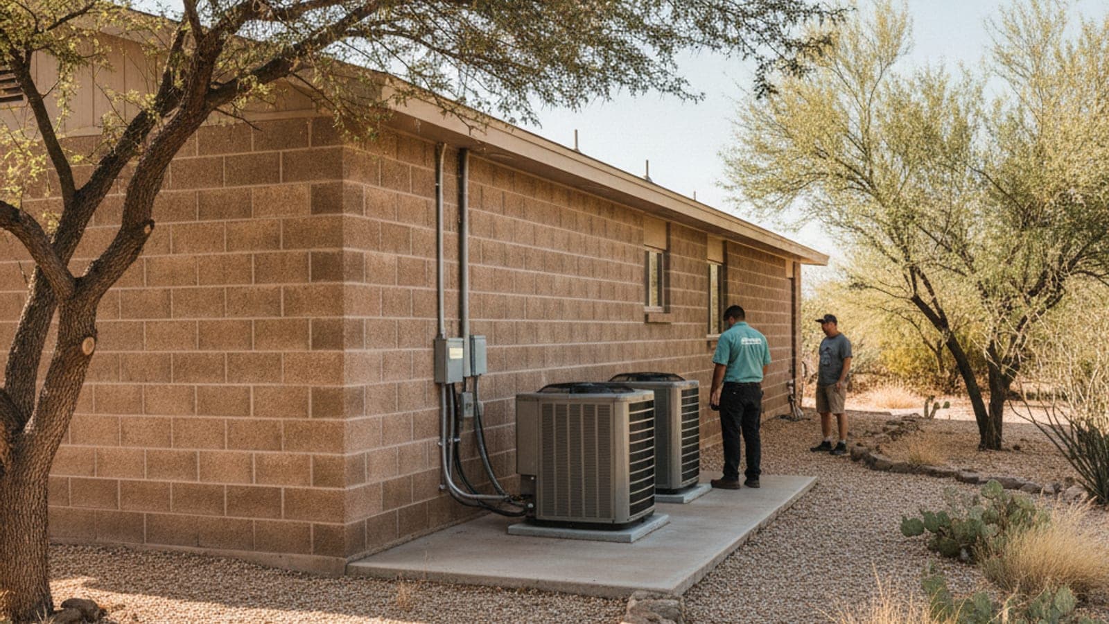 Tucson block home exterior with two outdoor heat pump units on a concrete pad and mesquite trees in the yard