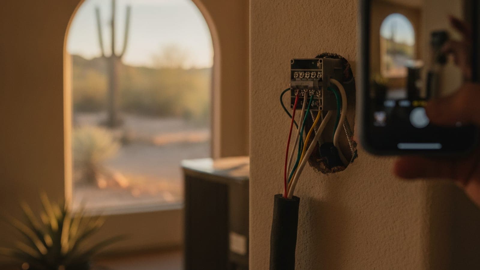 Thermostat wiring behind a removed wall plate in a Tucson home with labeled wires and a phone camera