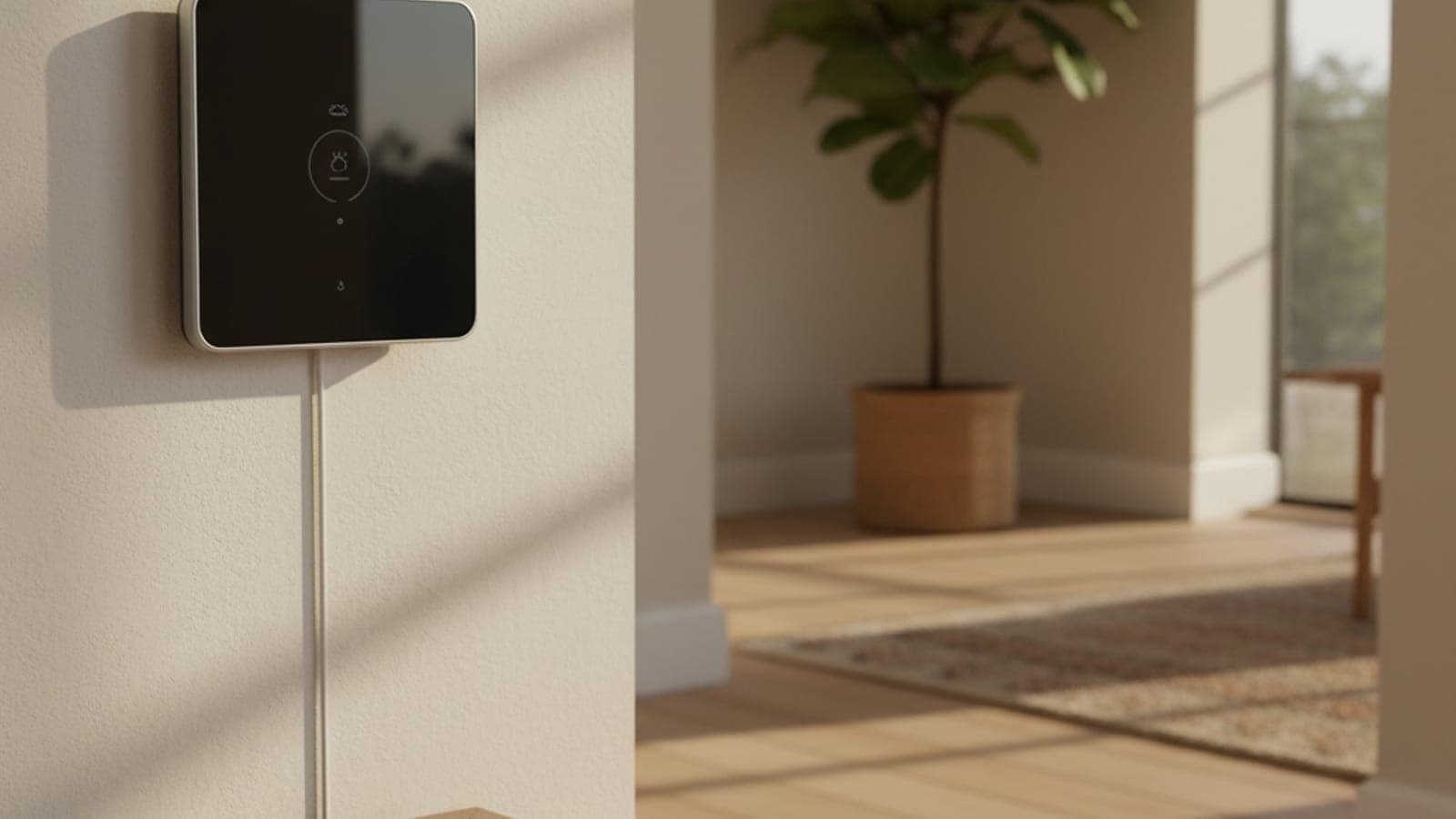 A modern smart thermostat with a dark glass face on a light wall
