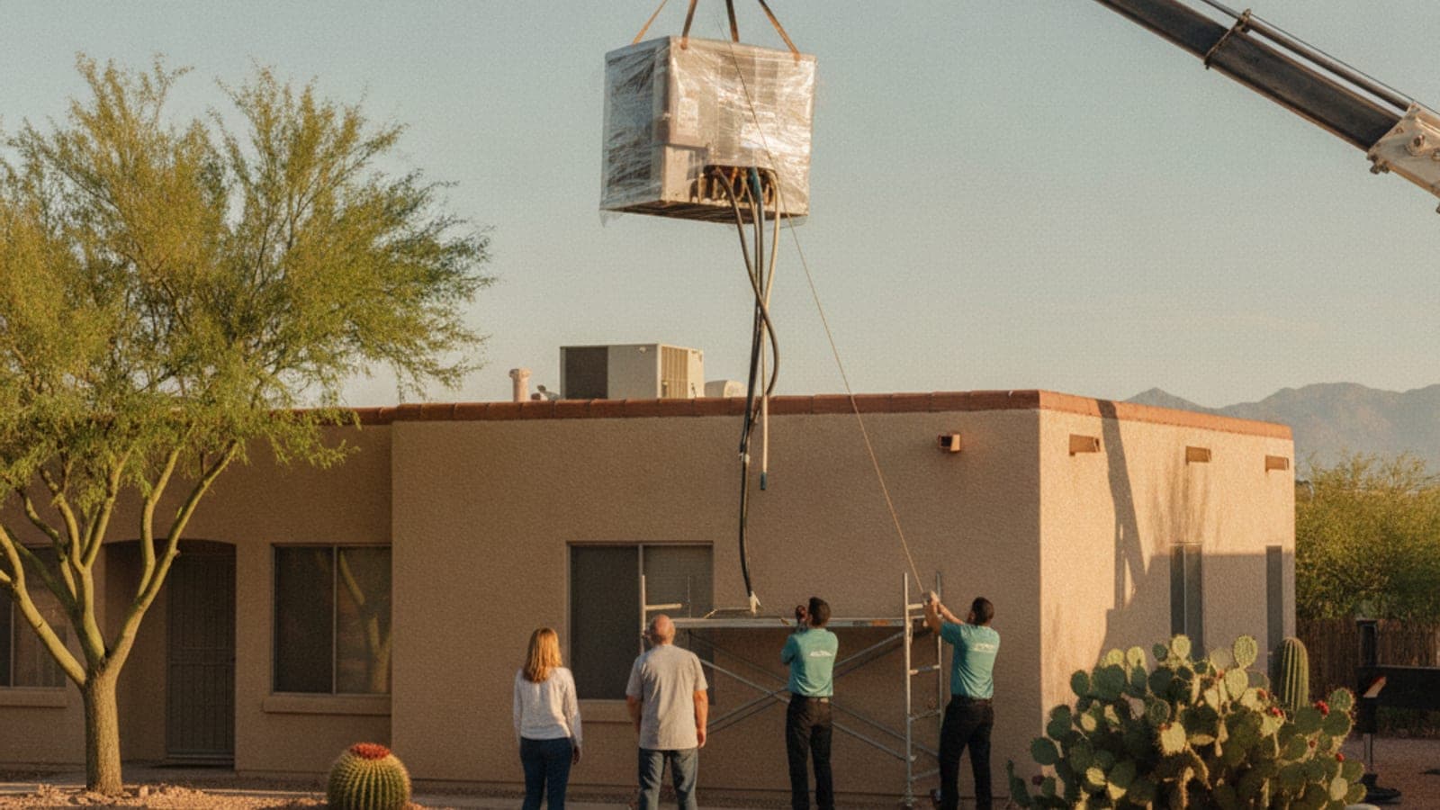 Crane lifting a package AC unit onto a flat roof of a Tucson stucco home in bright desert sun
