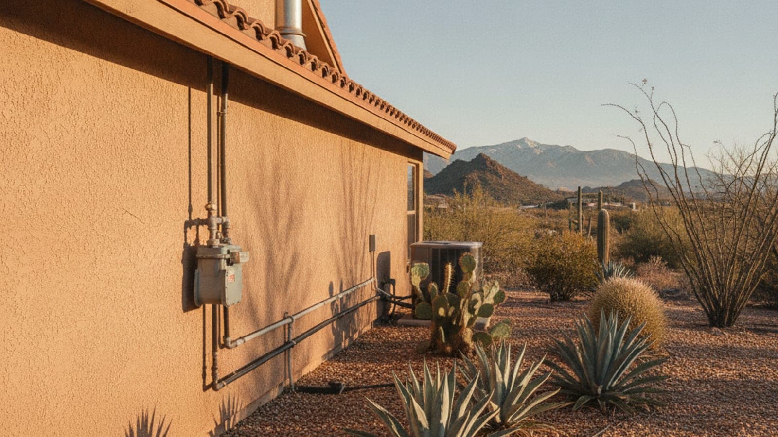Tucson stucco home exterior with a gas meter and a vent pipe on the side wall in clear winter light