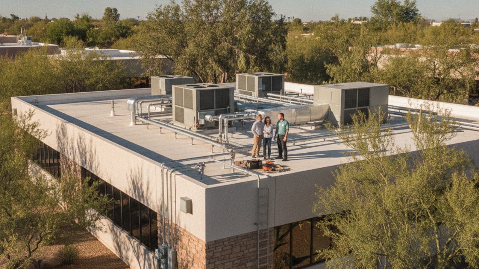 Low-rise office building with a flat roof and rooftop HVAC units under a bright Tucson sky