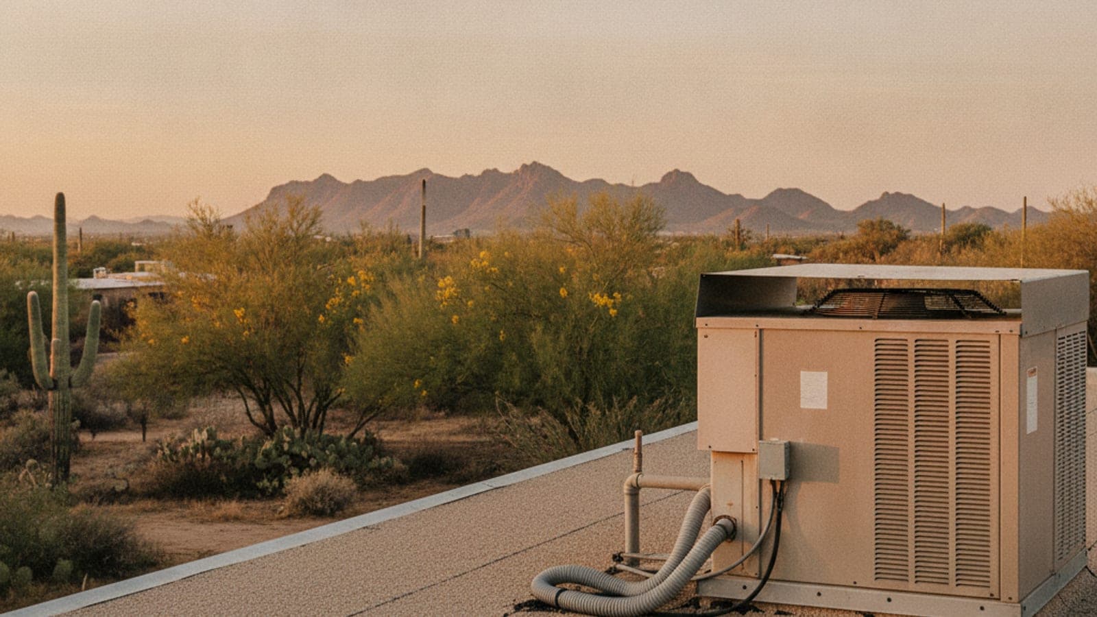 Rooftop package HVAC unit on a flat roof of a Tucson ranch home with palo verde trees below