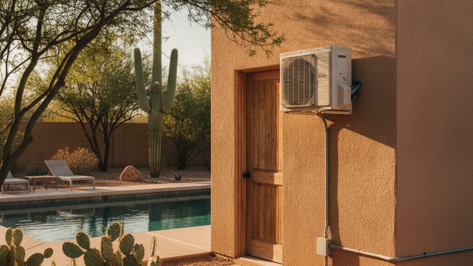 Small stucco pool house with a mini split head visible through the door and a pool in a desert backyard with saguaro