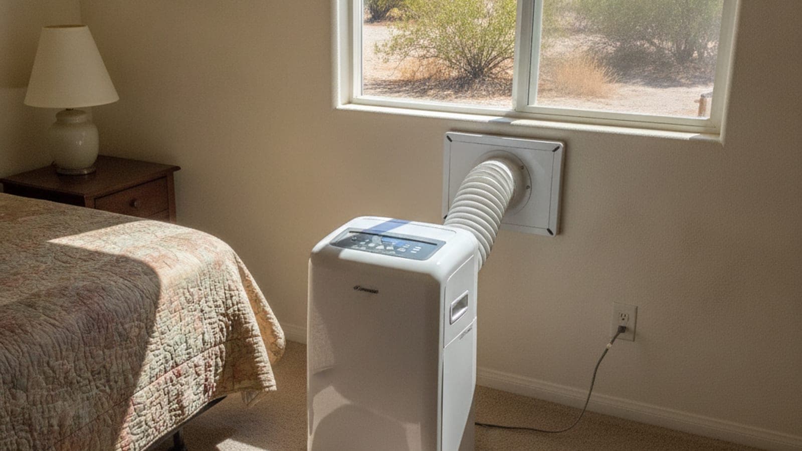 Portable air conditioner with an exhaust hose running to a window in a small bedroom of a Tucson home with bright desert light