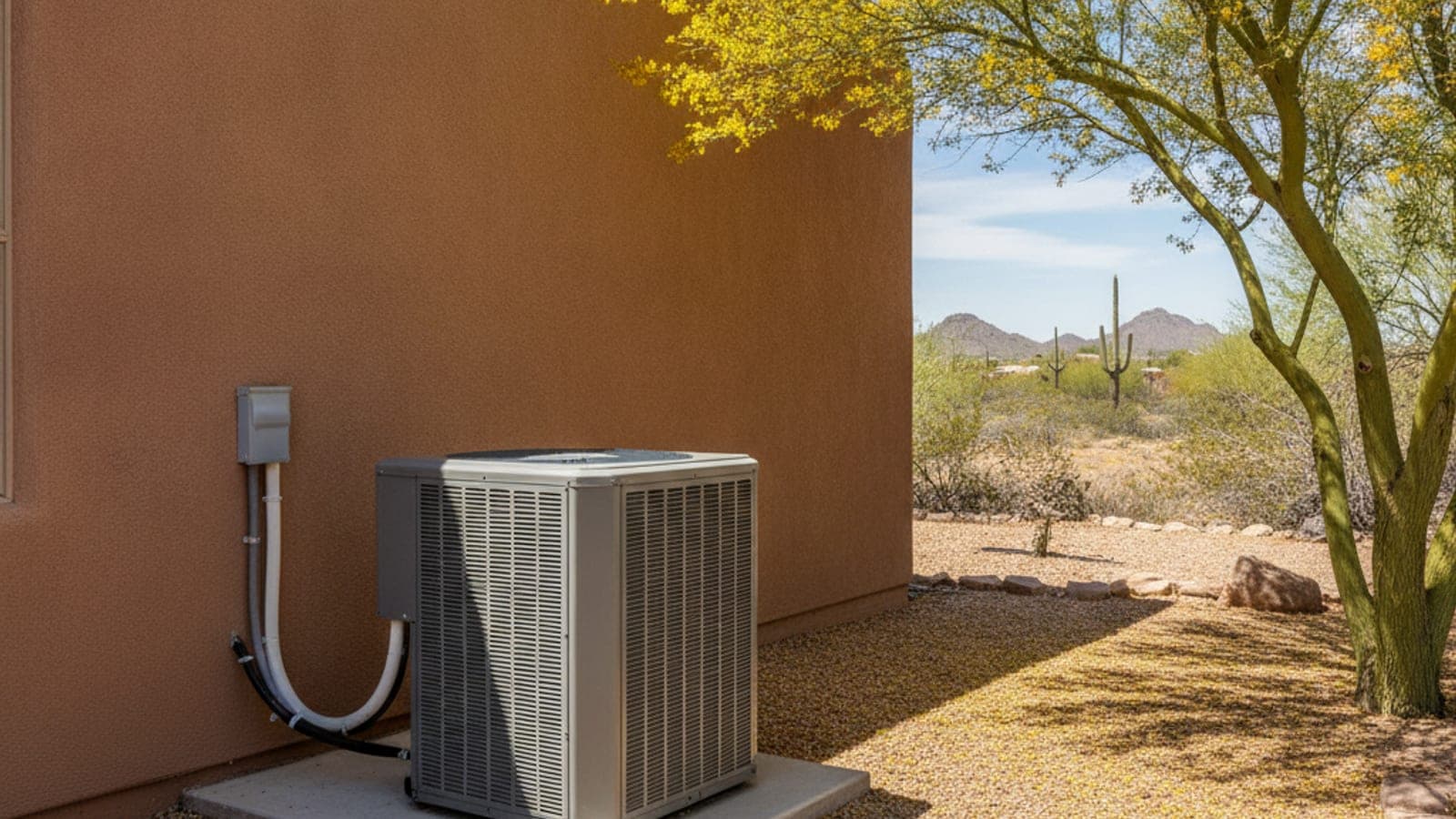 Tucson home with a ground-level AC condenser and clean gravel around it under a bright spring sky
