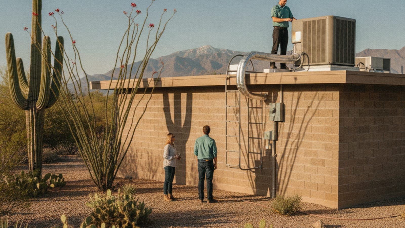 Tucson flat-roof home with a rooftop package unit against a clear spring sky and a saguaro