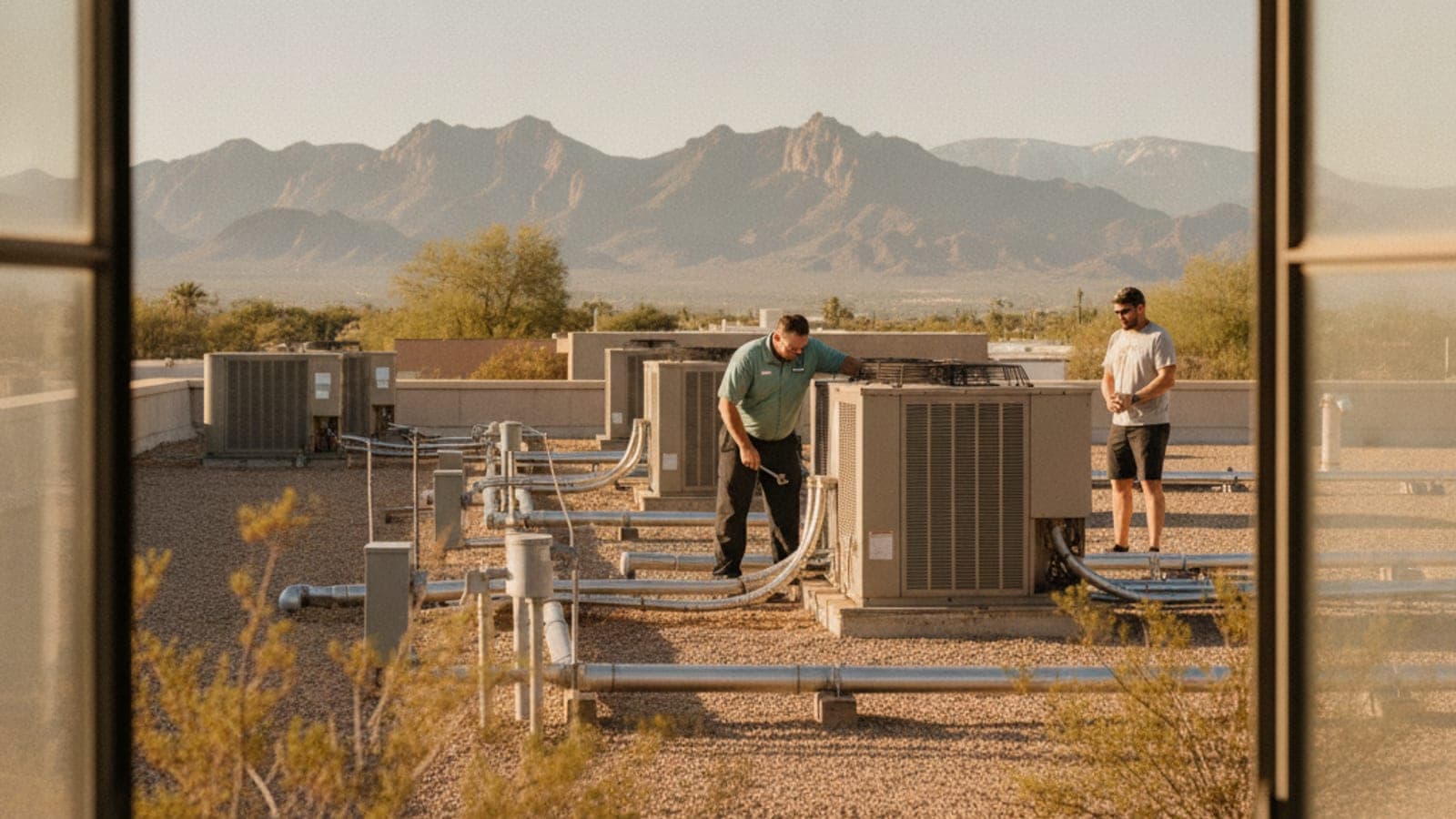 Rooftop HVAC units on a low commercial building in Tucson with desert mountains in the distance