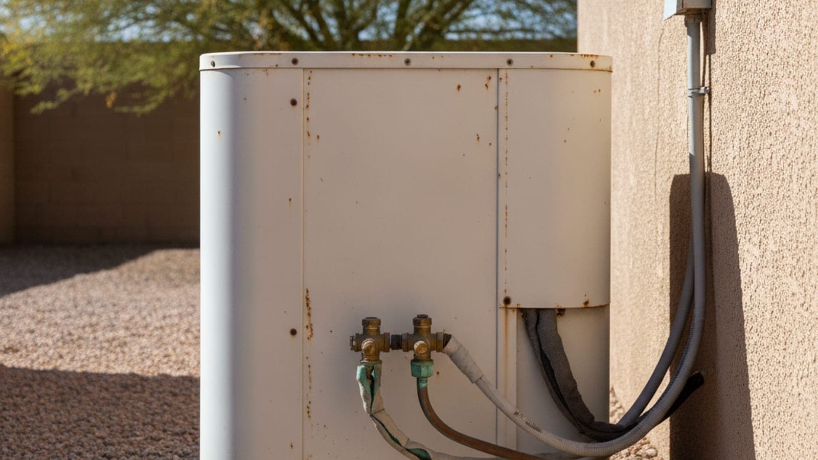 A sun-faded, rust-spotted outdoor AC unit with its refrigerant line valves beside a stucco wall on gravel