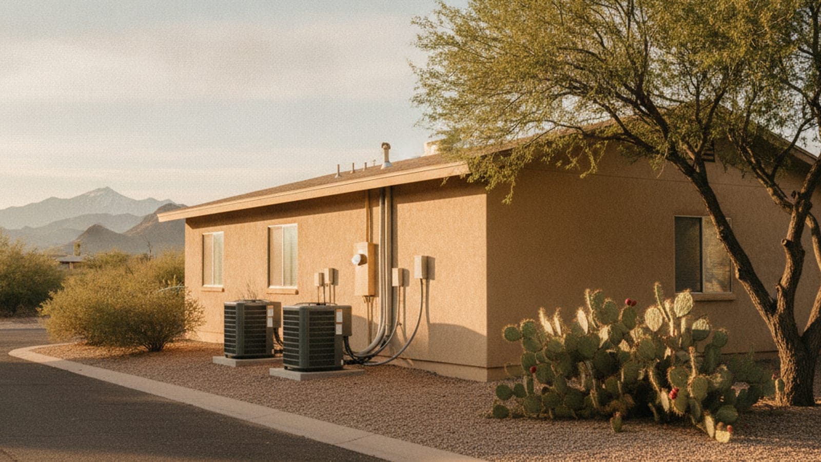 A single-story rental duplex with a stucco exterior and outdoor AC units on gravel in bright Tucson sun