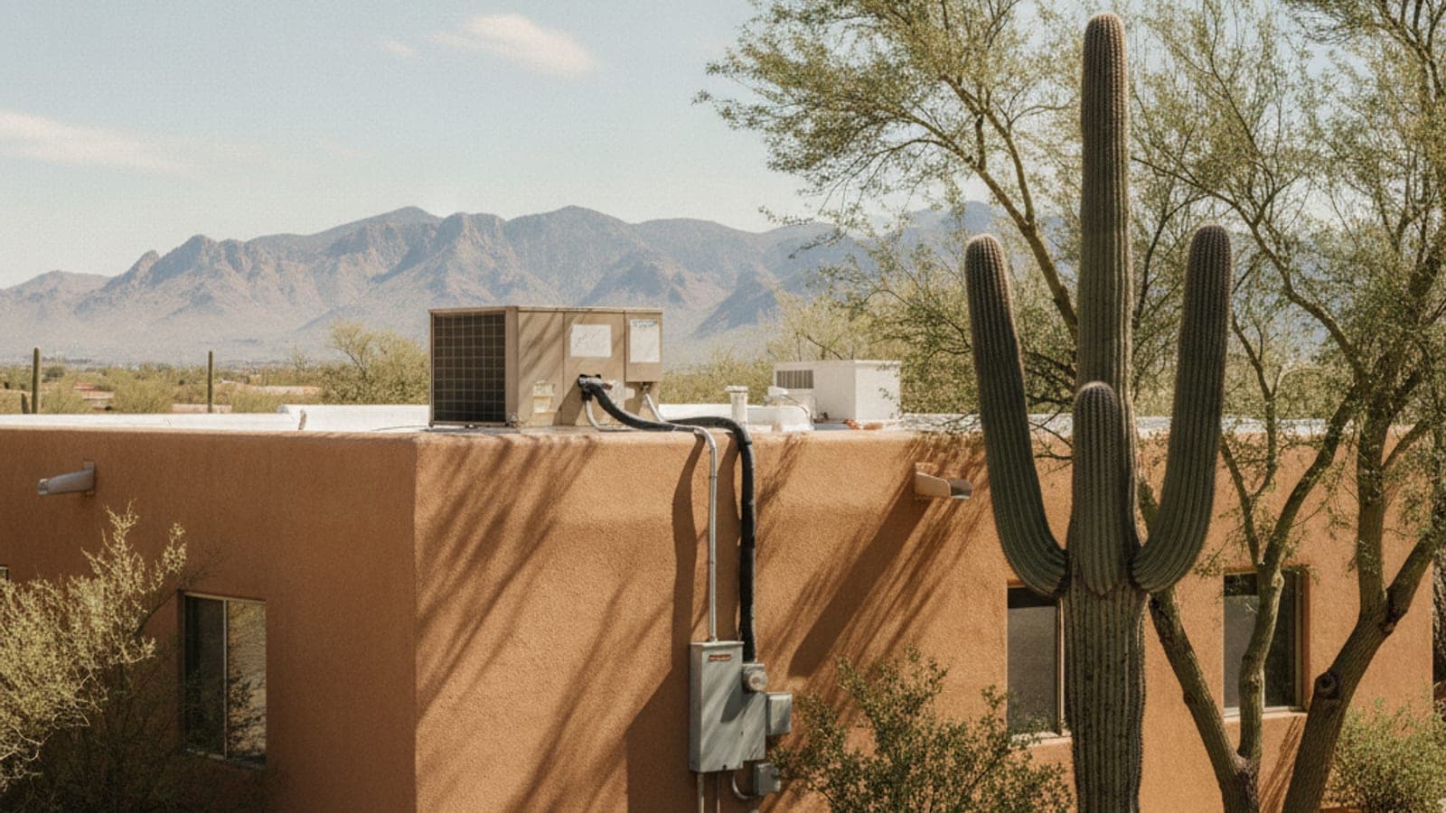Older rooftop AC package unit on a flat roof of a Tucson stucco home against a clear desert sky