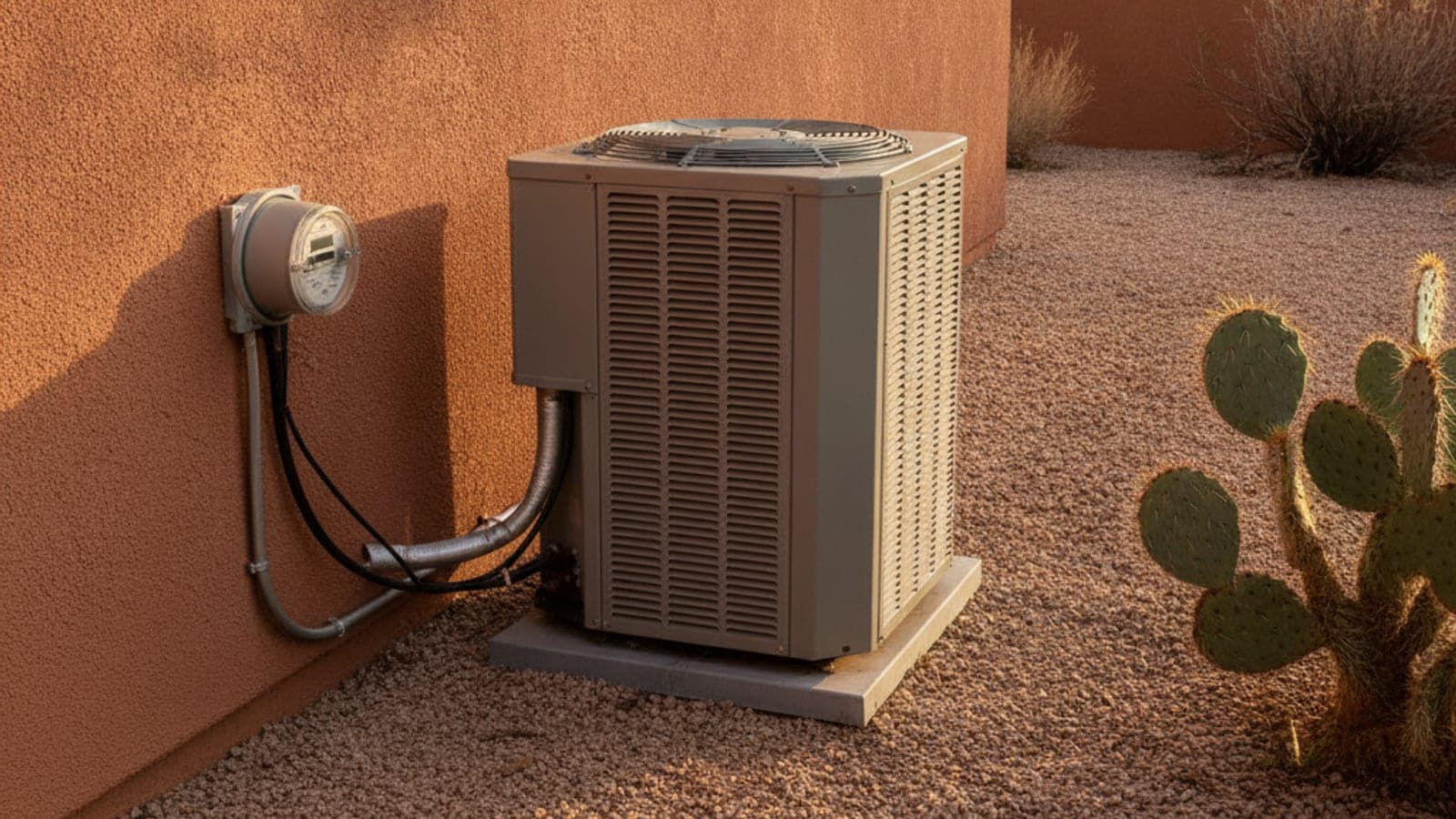 Tucson home with a ground-level condenser and a gas meter along a stucco wall in desert light