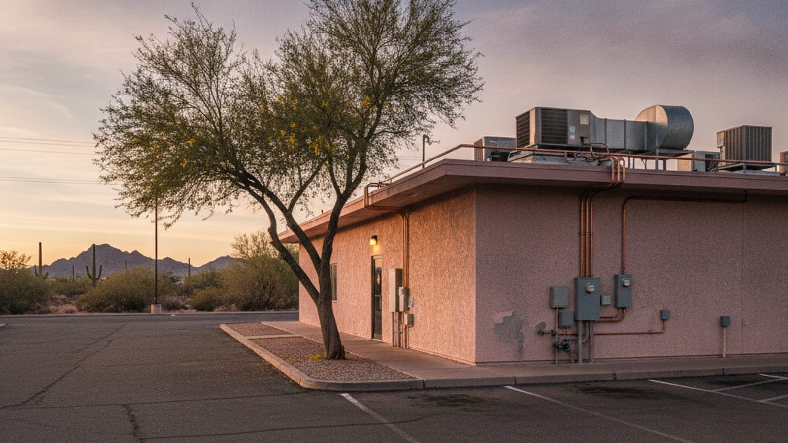 Tucson restaurant building with a flat roof, rooftop units and a kitchen exhaust fan at dusk