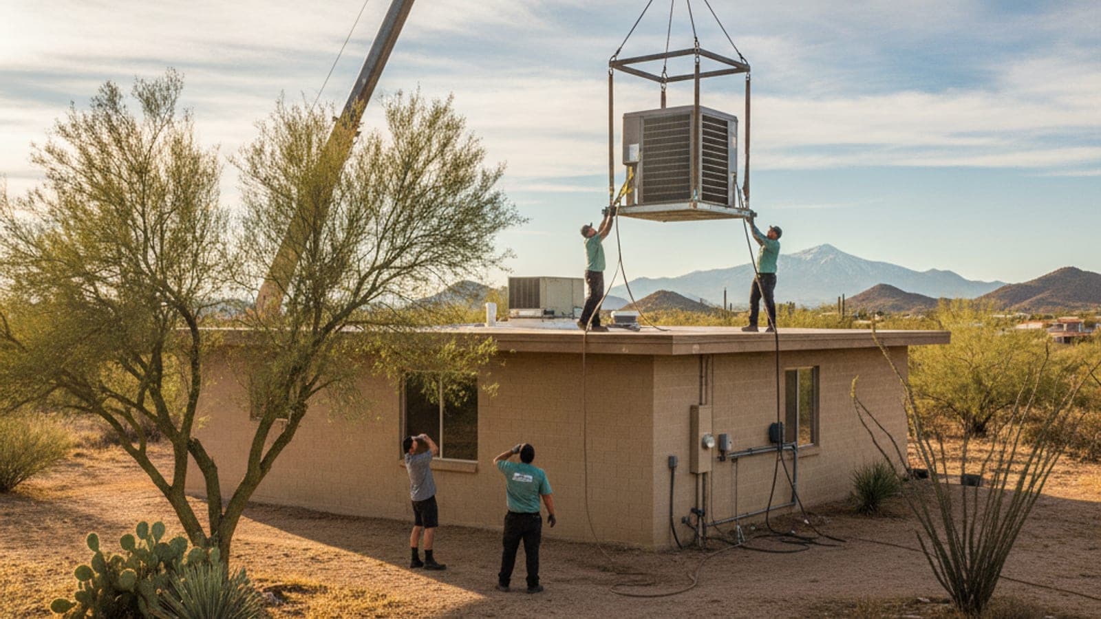 Crane lifting a package AC unit toward the flat roof of a Tucson block home in bright Sonoran sun
